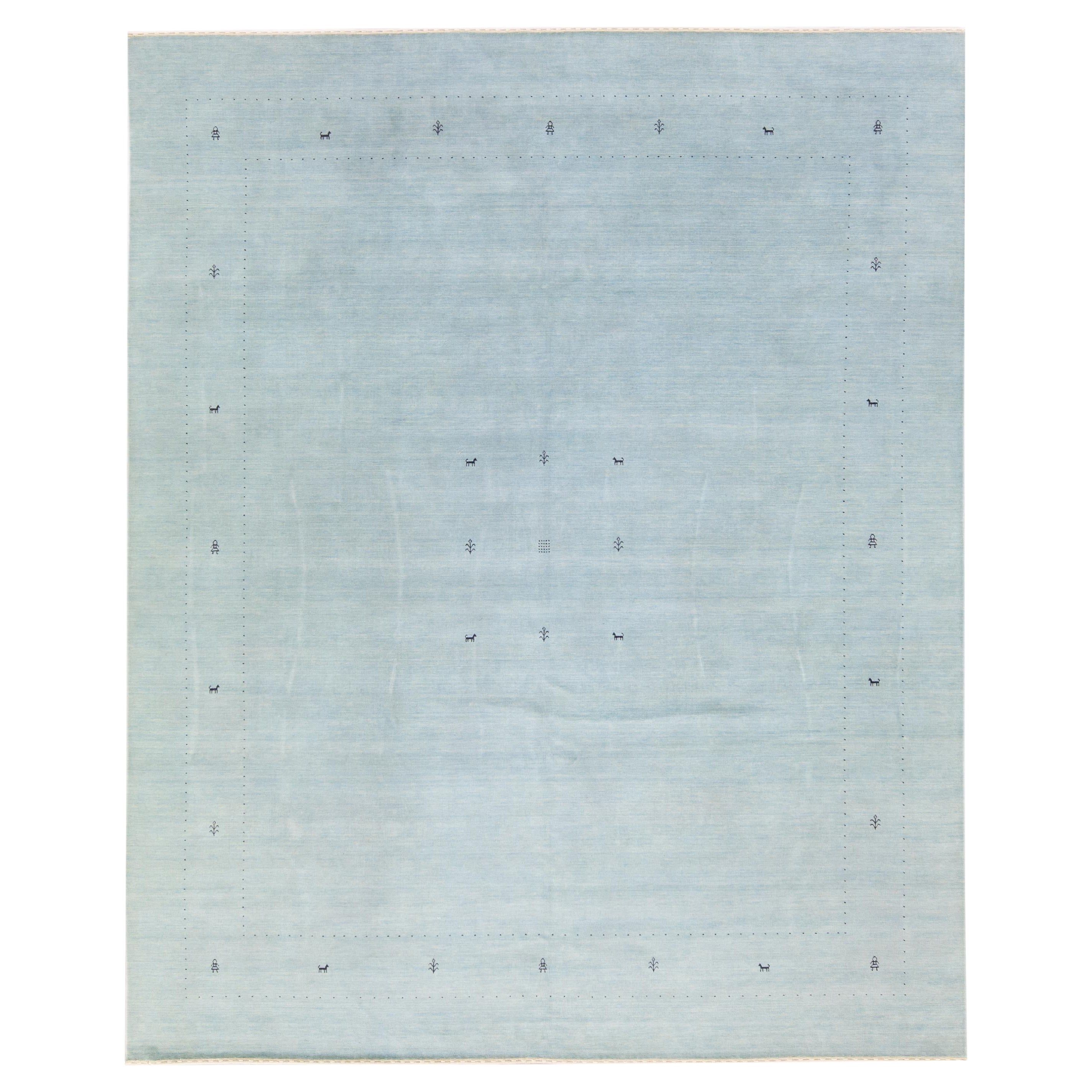 Modern Gabbeh Style Hand-Loom Minimalism Pattern Light Blue Wool Rug For Sale