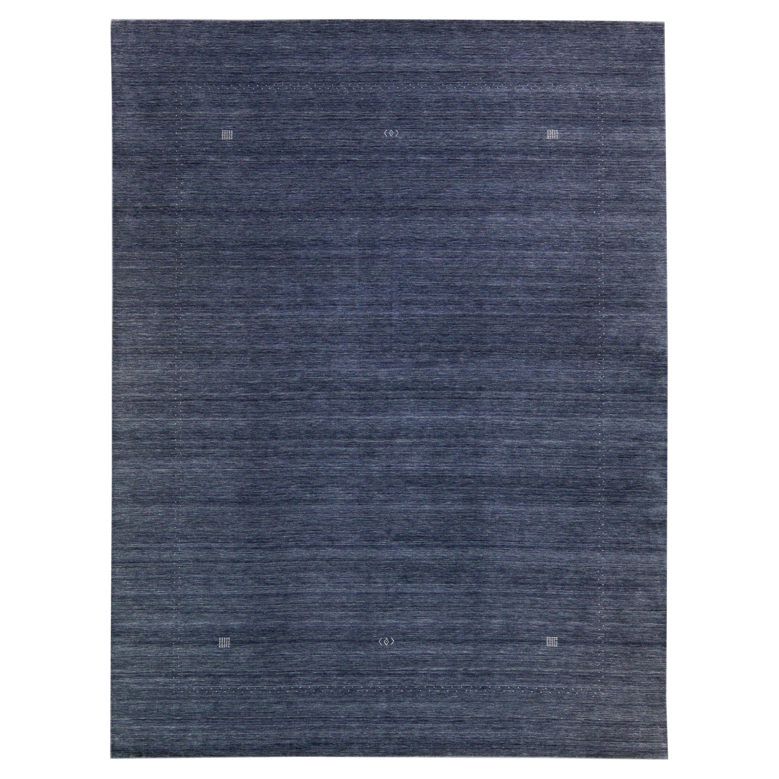 Modern Gabbeh Style Hand-Loom Minimalism Pattern Blue Solid Wool Rug