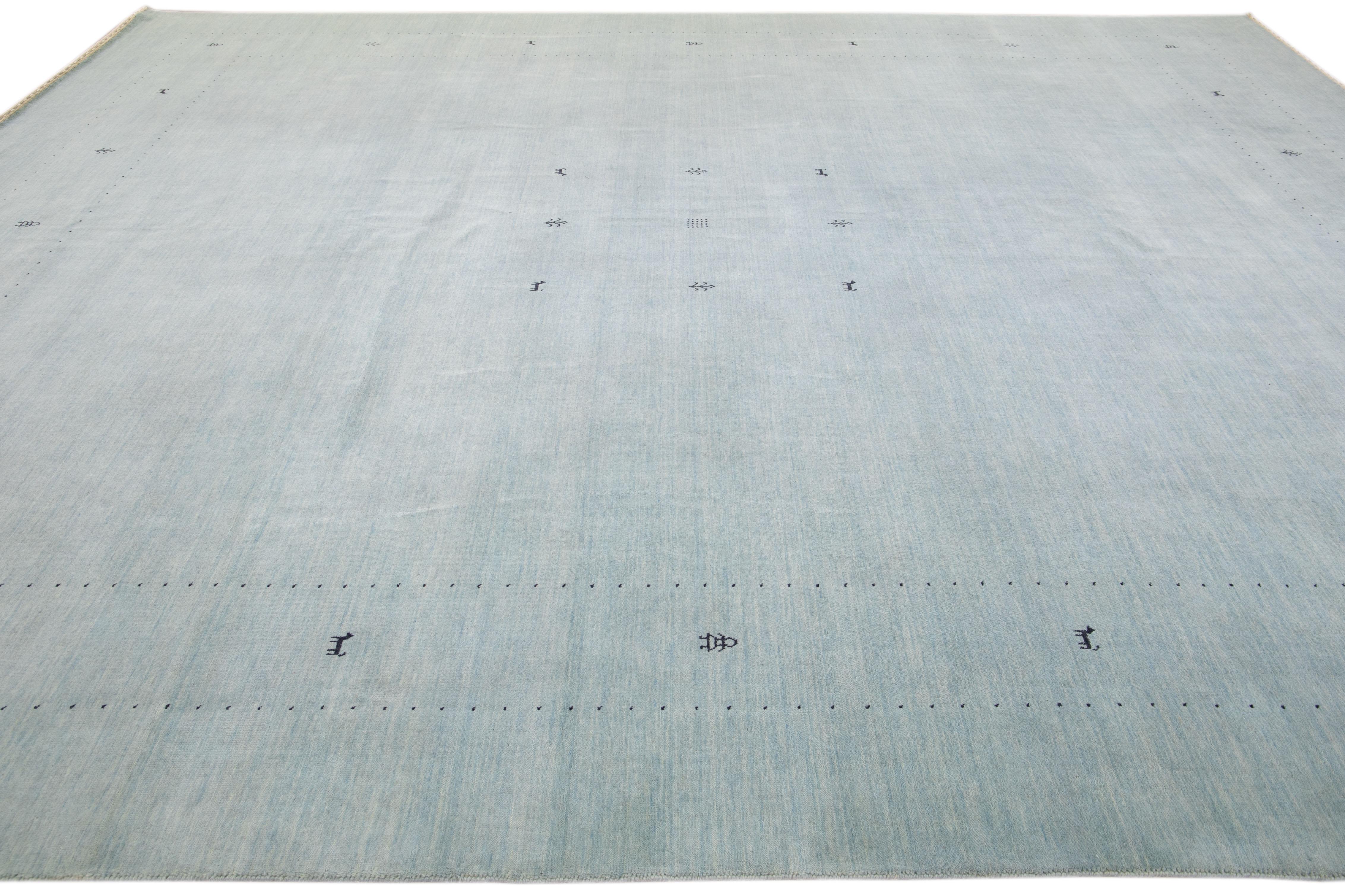 Contemporary Modern Gabbeh Style Hand-Loom Minimalism Pattern Light Blue Wool Rug For Sale