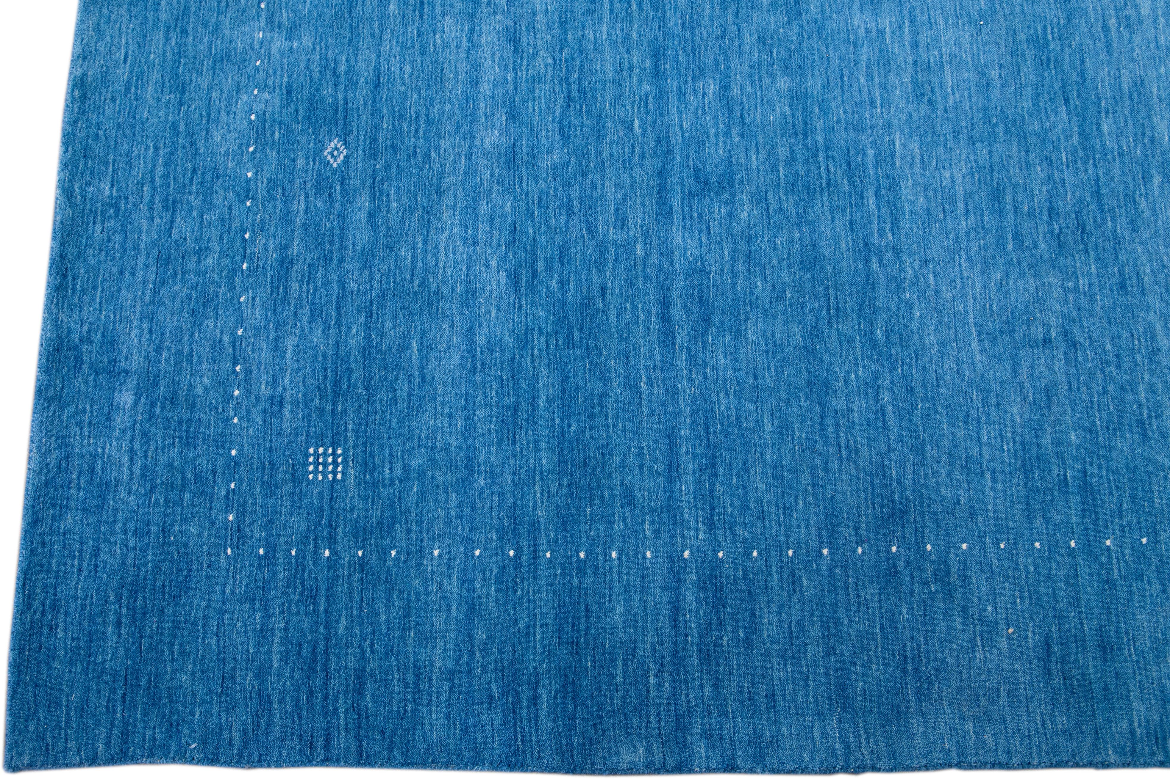 Minimalist Modern Gabbeh Style Hand-Loom Wool Rug with Azure Blue Solid Color For Sale