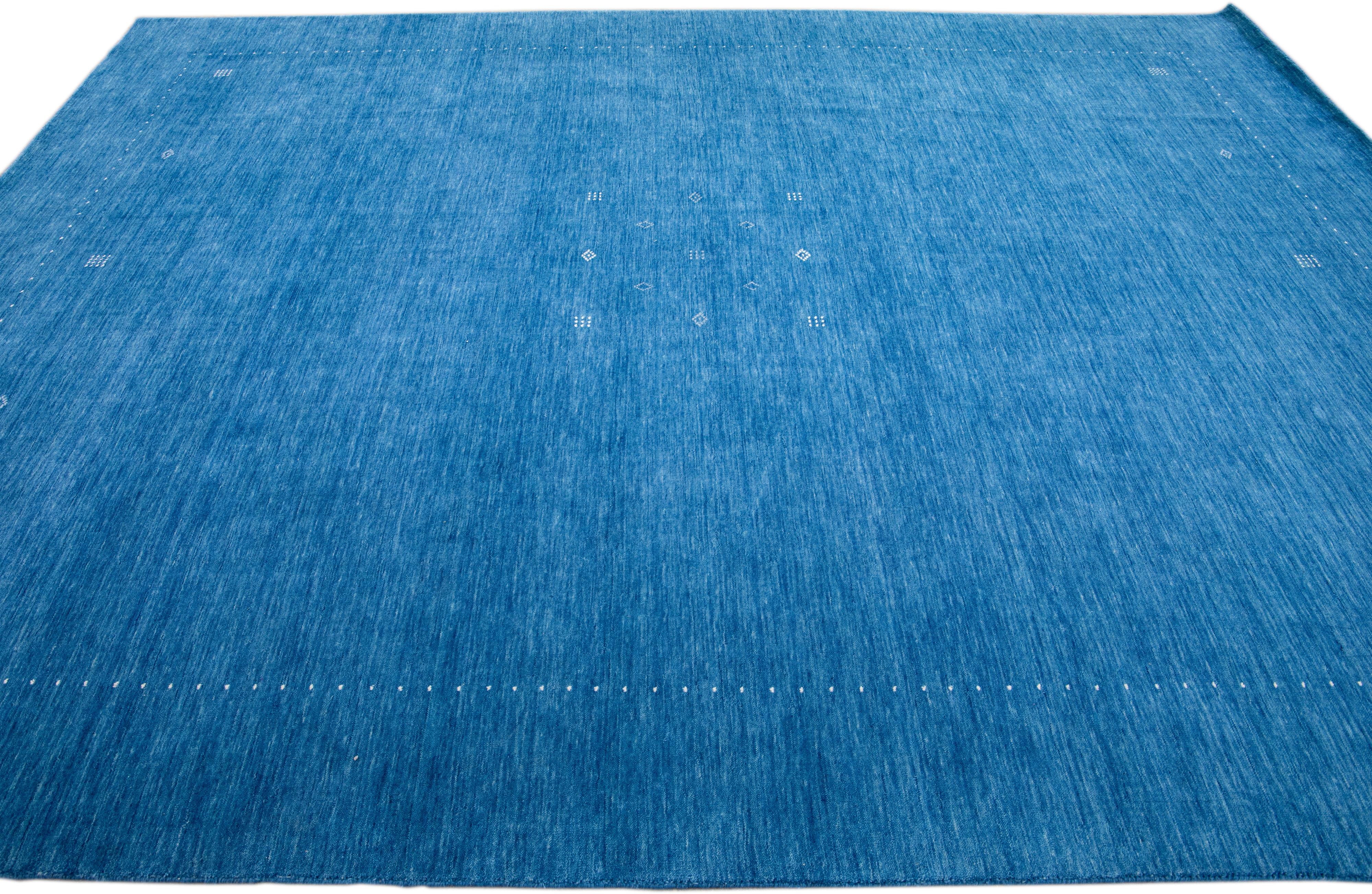 Pakistani Modern Gabbeh Style Hand-Loom Wool Rug with Azure Blue Solid Color For Sale
