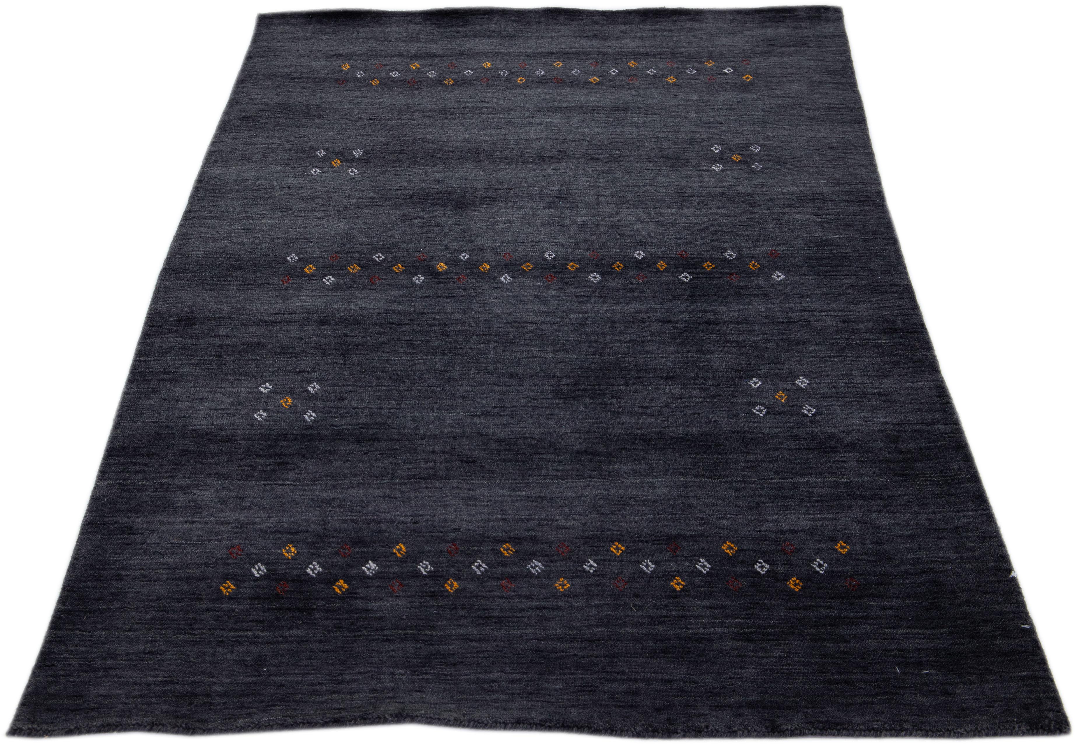 Indian Modern Gabbeh Style Handmade Charcoal Wool Rug with Minimalist Design For Sale