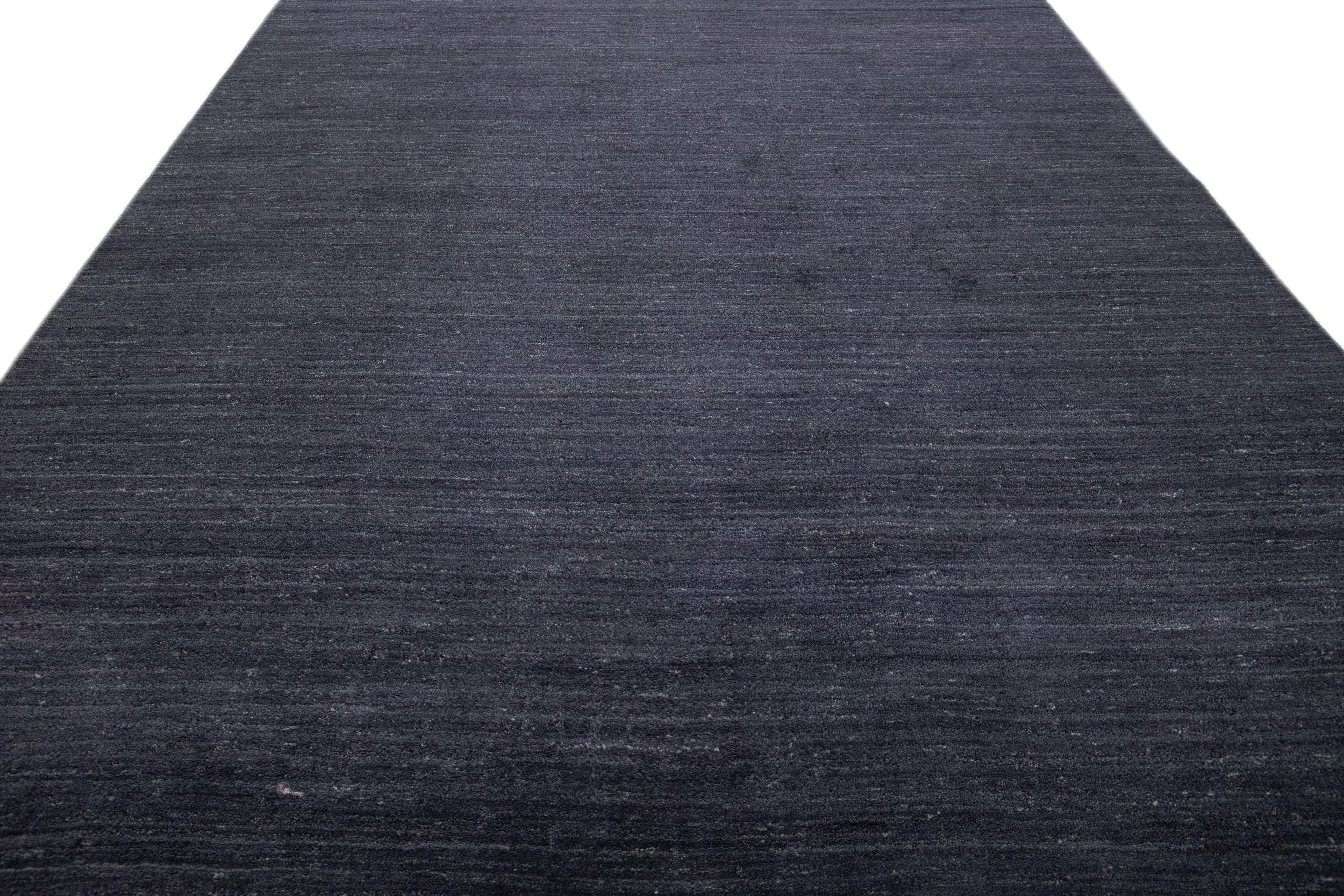 Minimalist Modern Gabbeh Style Handmade Charcoal Wool Rug with Solid Motif For Sale