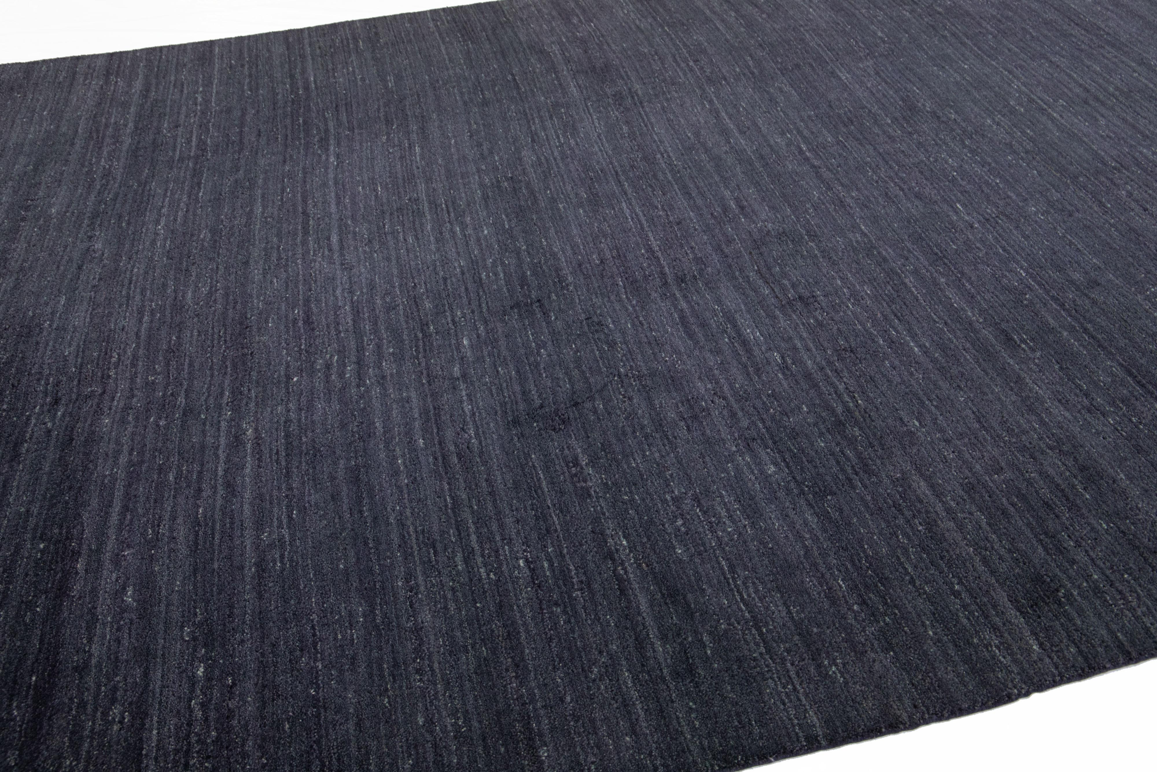 Hand-Knotted Modern Gabbeh Style Handmade Charcoal Wool Rug with Solid Motif For Sale