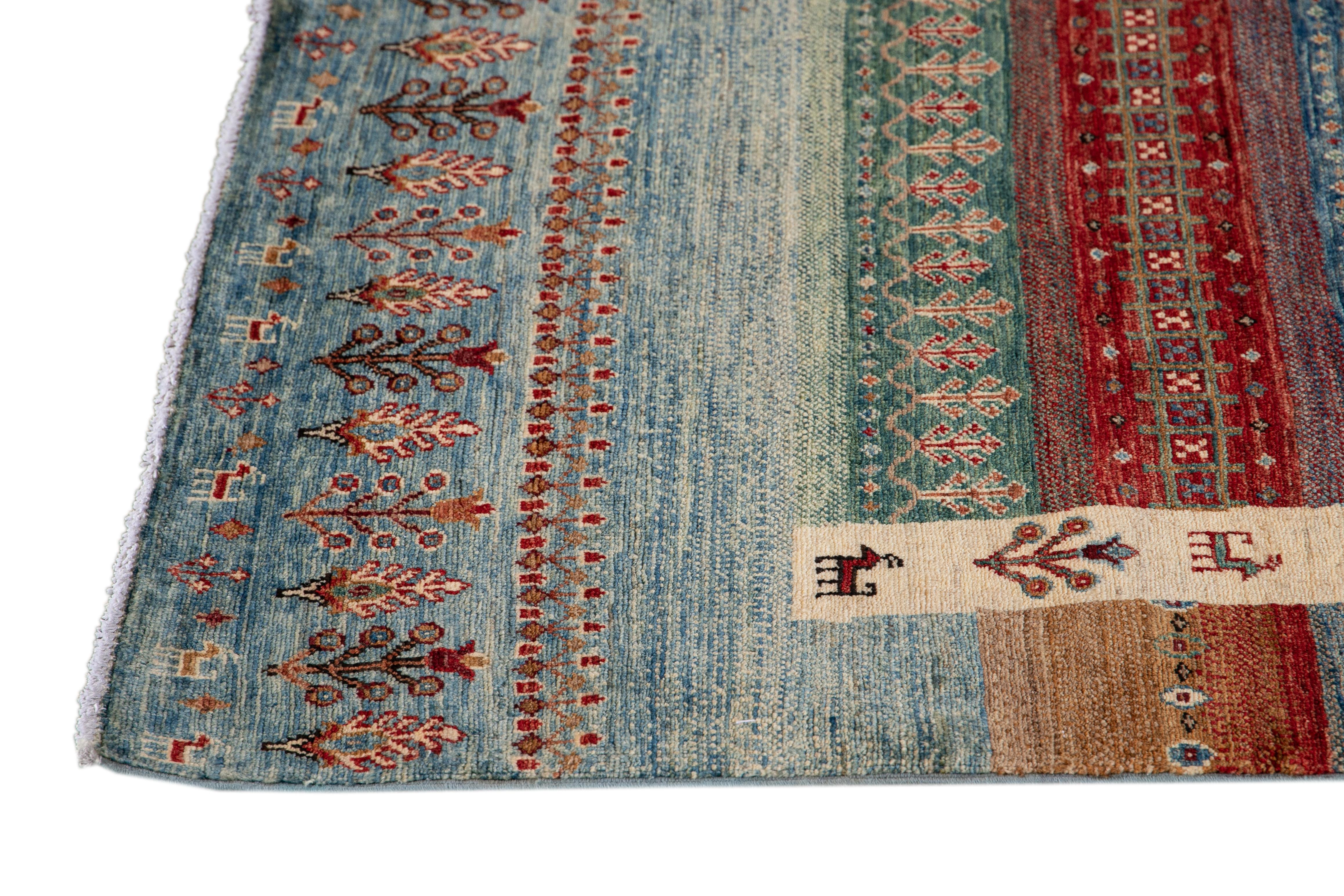 Pakistani Modern Gabbeh Style Handmade Multicolor Geometric Wool Rug For Sale
