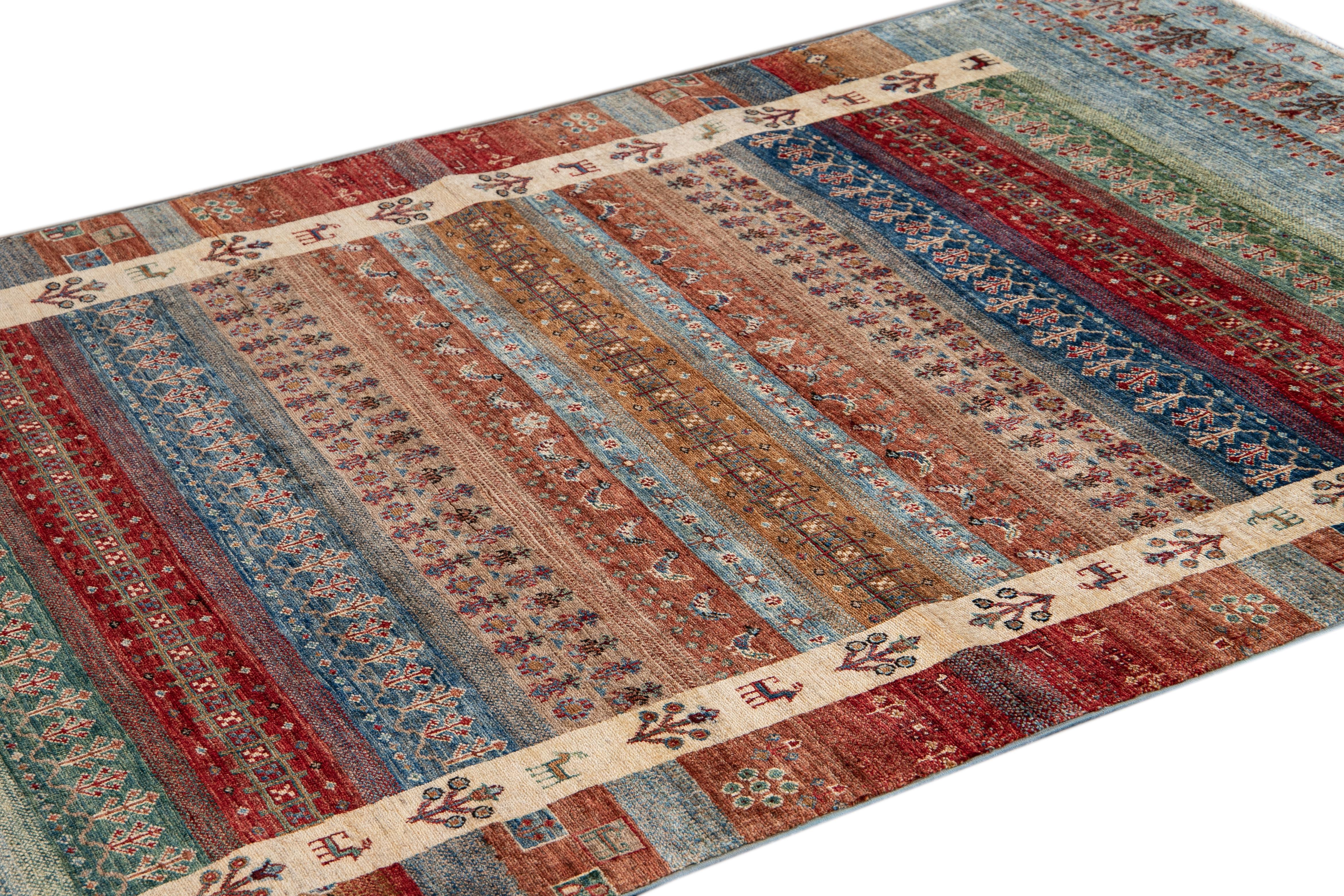 Hand-Knotted Modern Gabbeh Style Handmade Multicolor Geometric Wool Rug For Sale