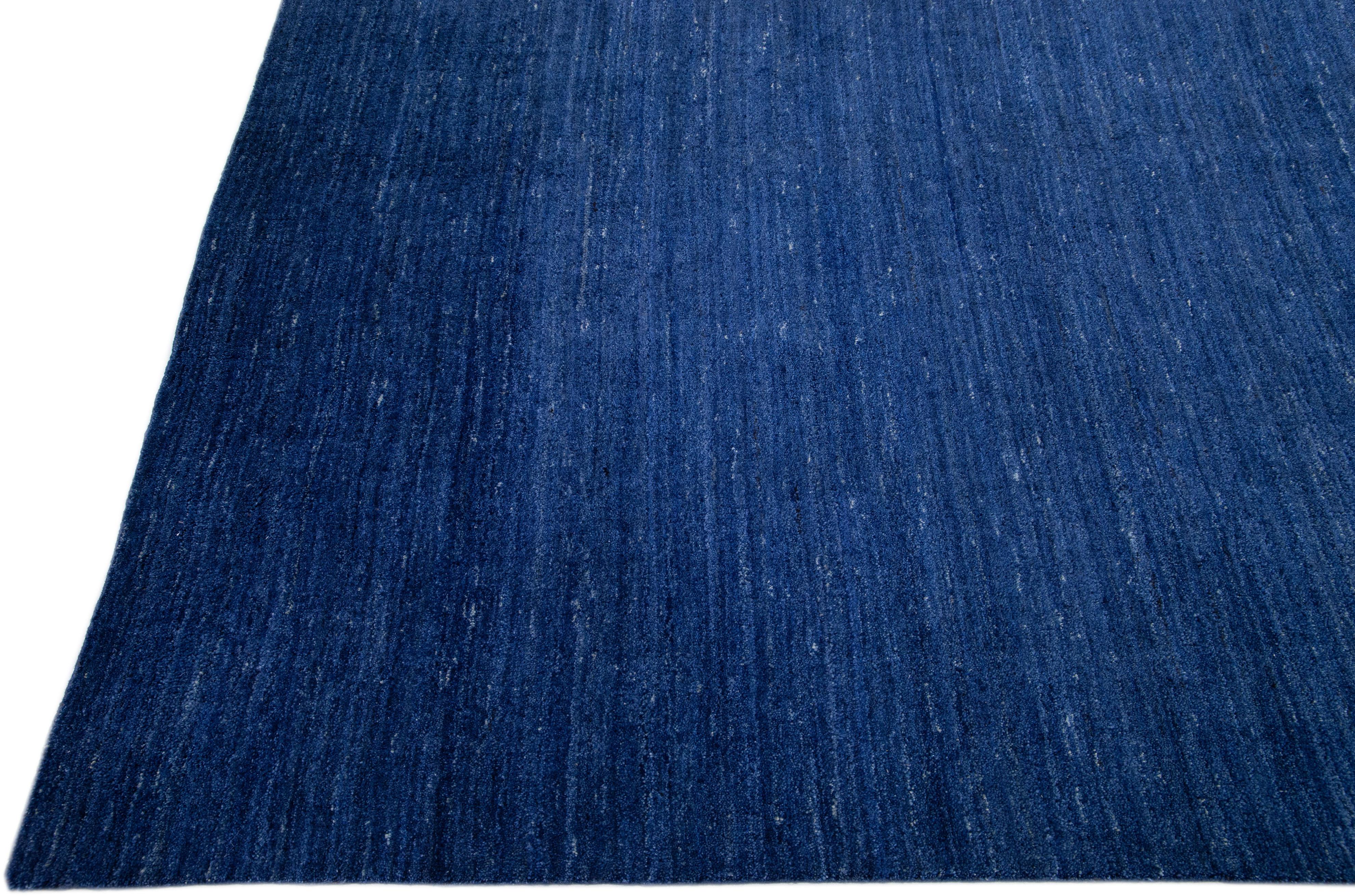 Indian Modern Gabbeh Style Handmade Oversize Blue Wool Rug with Solid Motif  For Sale