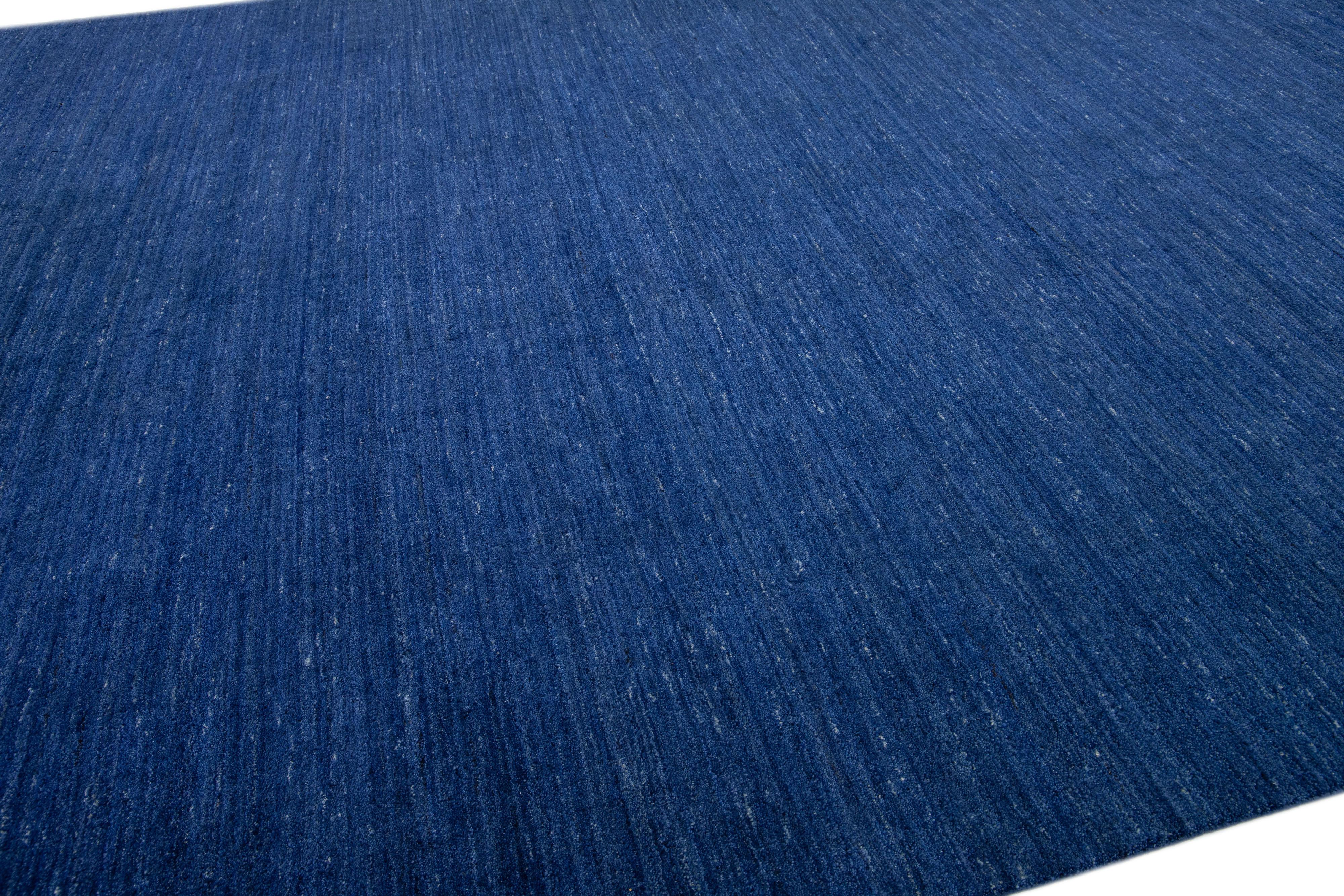 Hand-Knotted Modern Gabbeh Style Handmade Oversize Blue Wool Rug with Solid Motif  For Sale