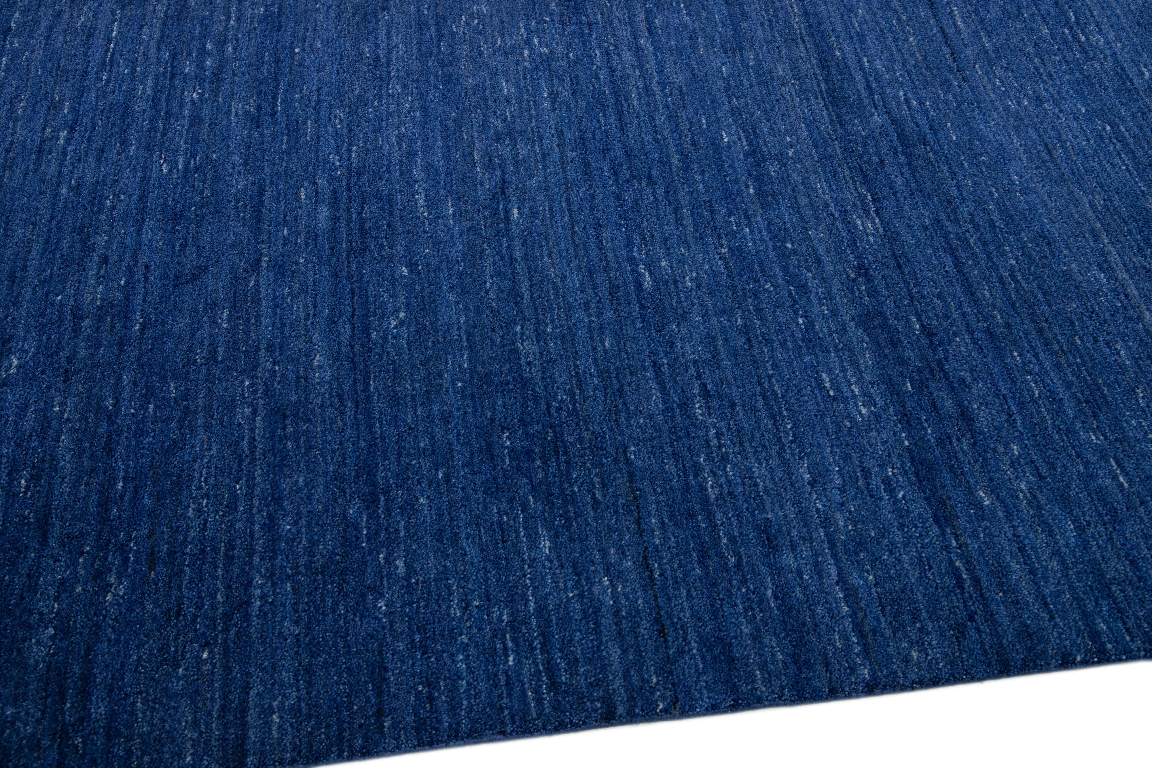 Contemporary Modern Gabbeh Style Handmade Oversize Blue Wool Rug with Solid Motif  For Sale