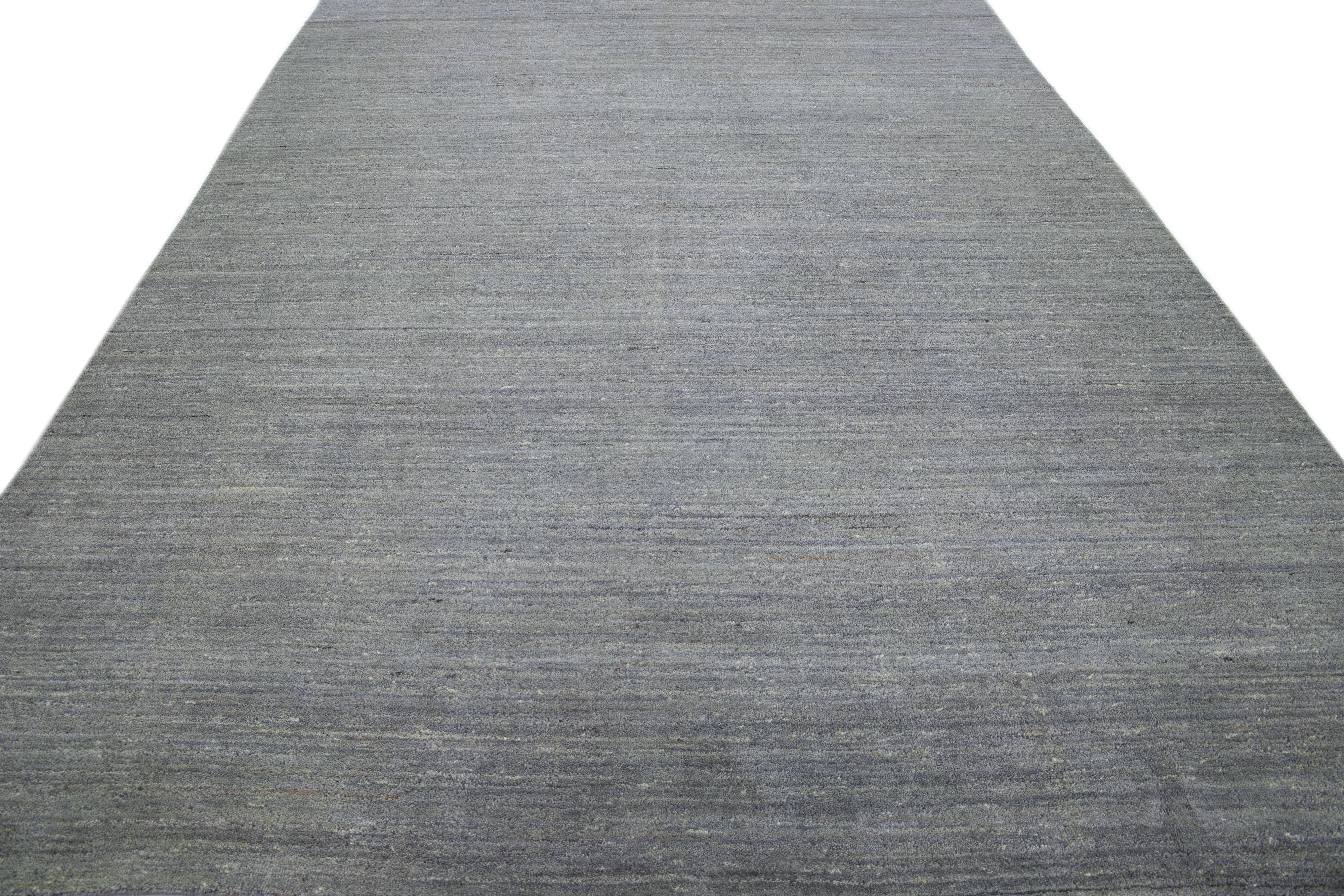 Minimalist Modern Gabbeh Style Handmade Solid Grey Wool Rug For Sale