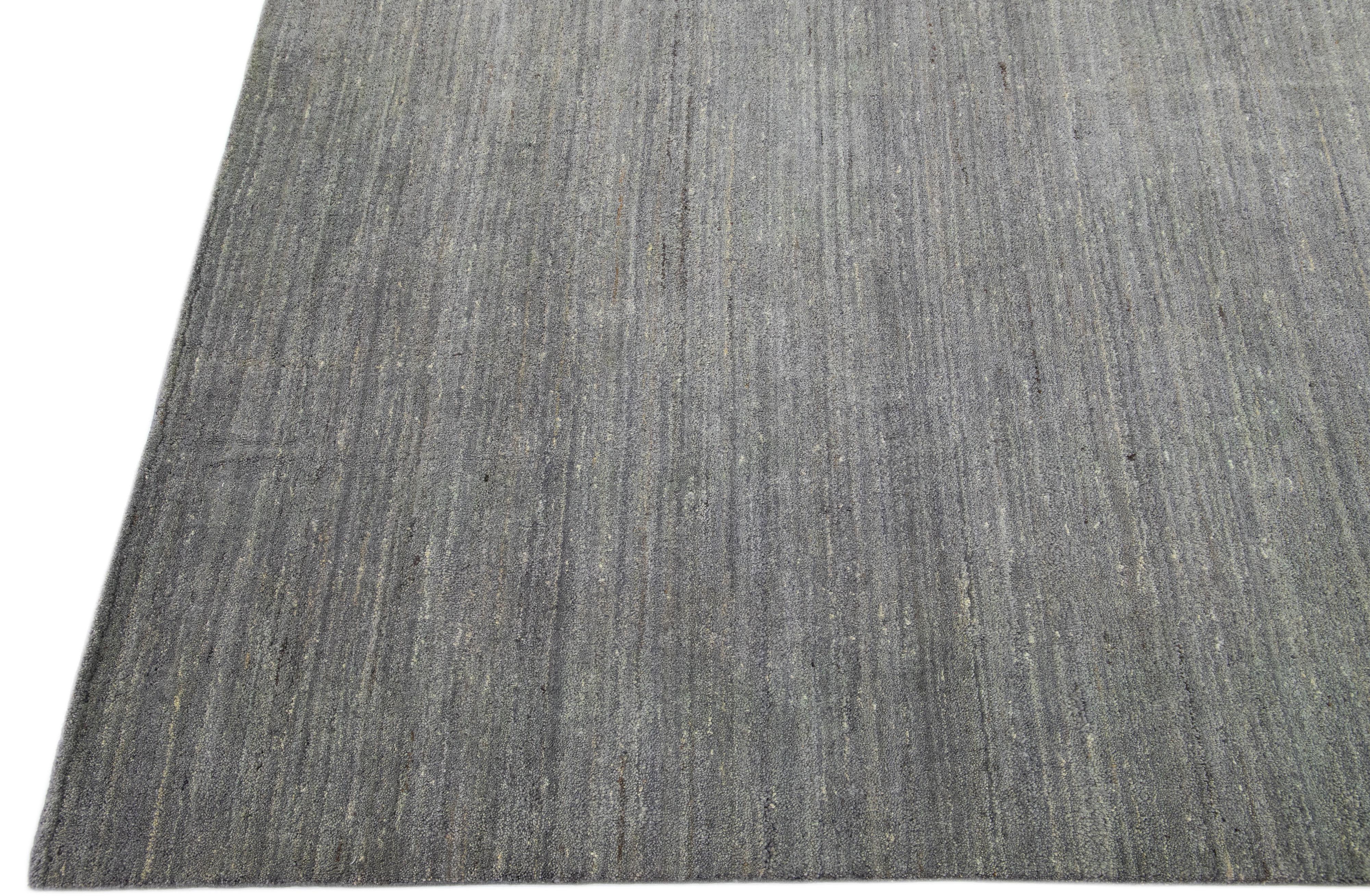 Indian Modern Gabbeh Style Handmade Solid Grey Wool Rug For Sale