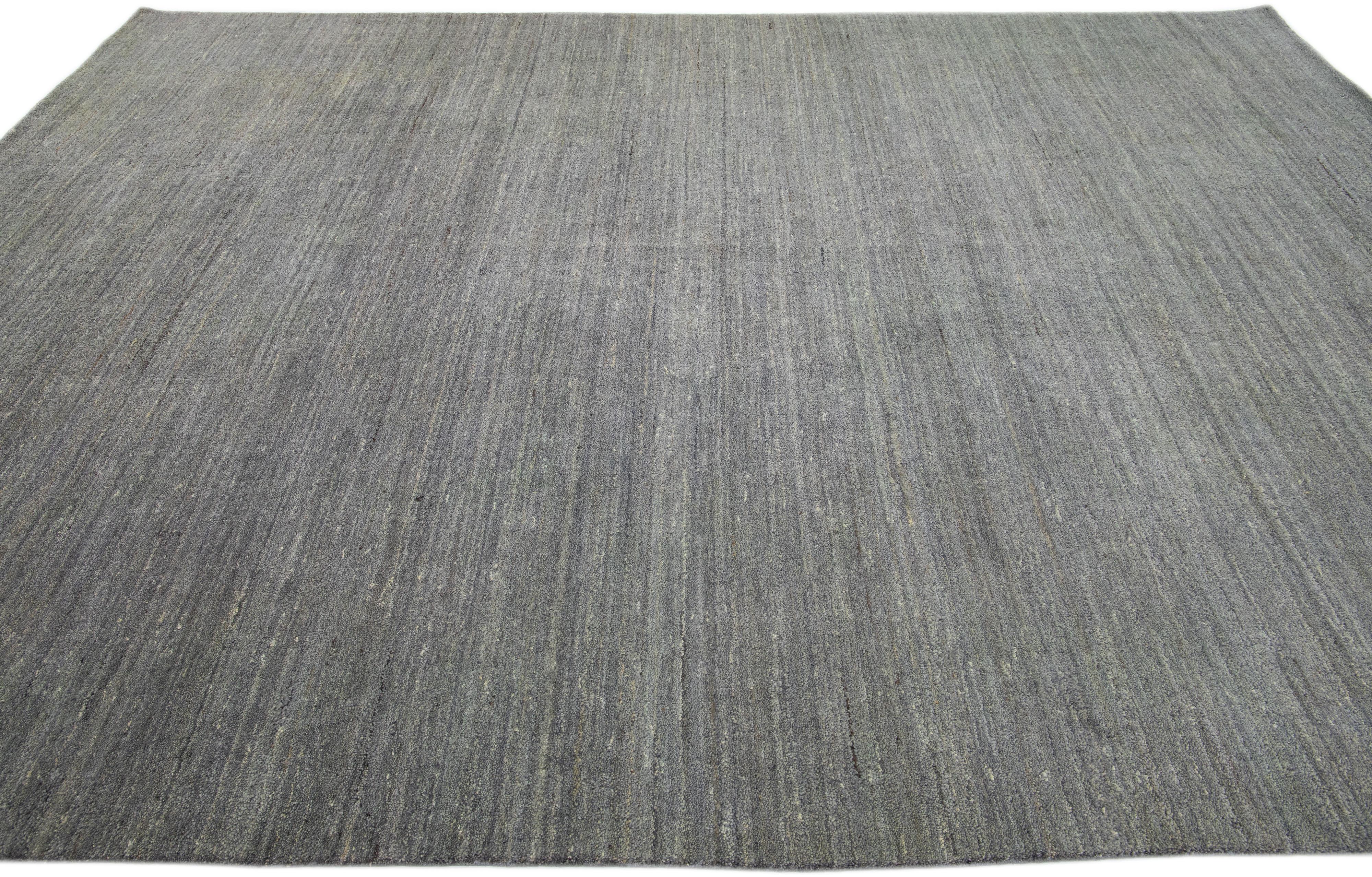 Hand-Knotted Modern Gabbeh Style Handmade Solid Grey Wool Rug For Sale