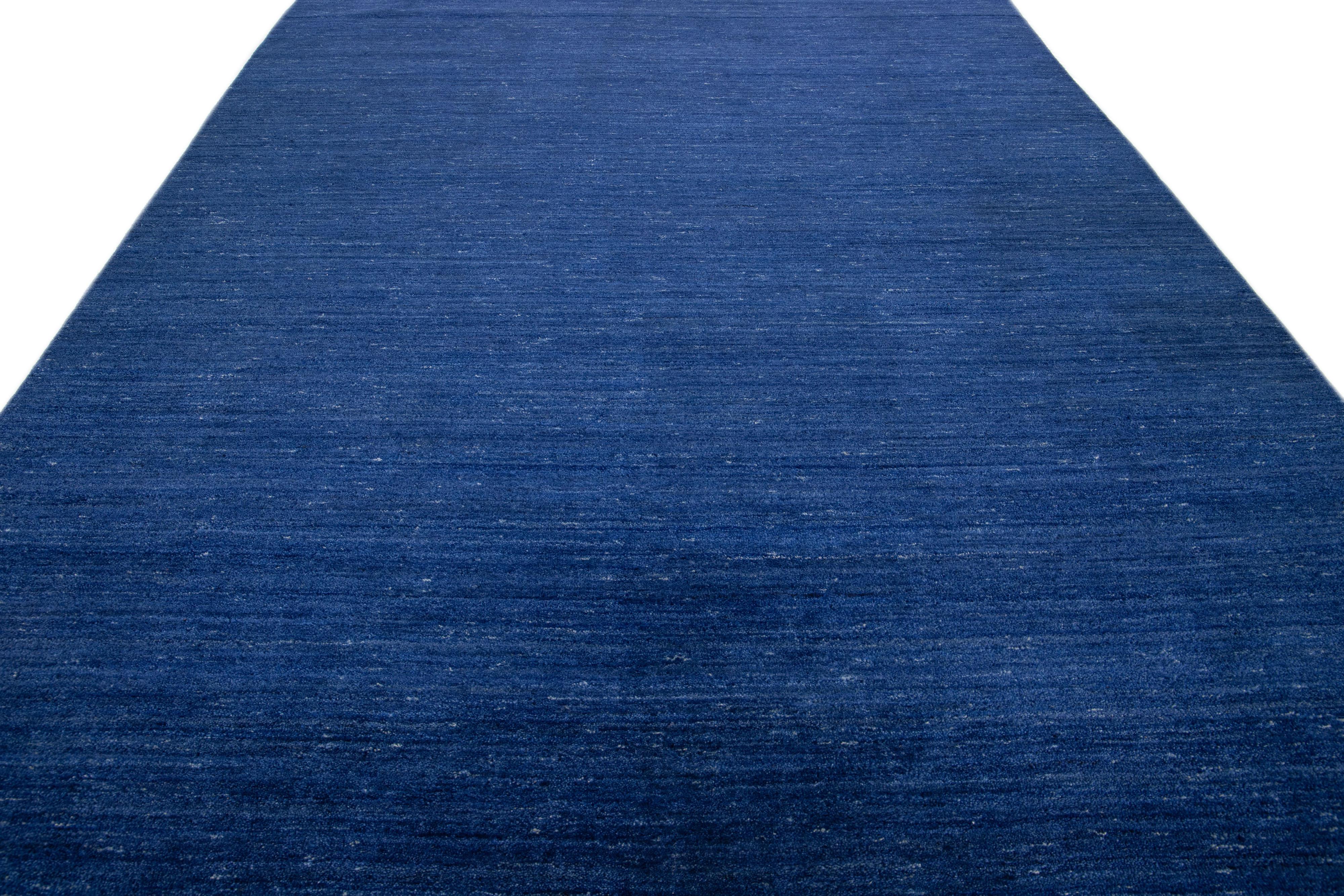 Minimalist Modern Gabbeh Style Handmade Wool Rug with Solid Blue Motif For Sale