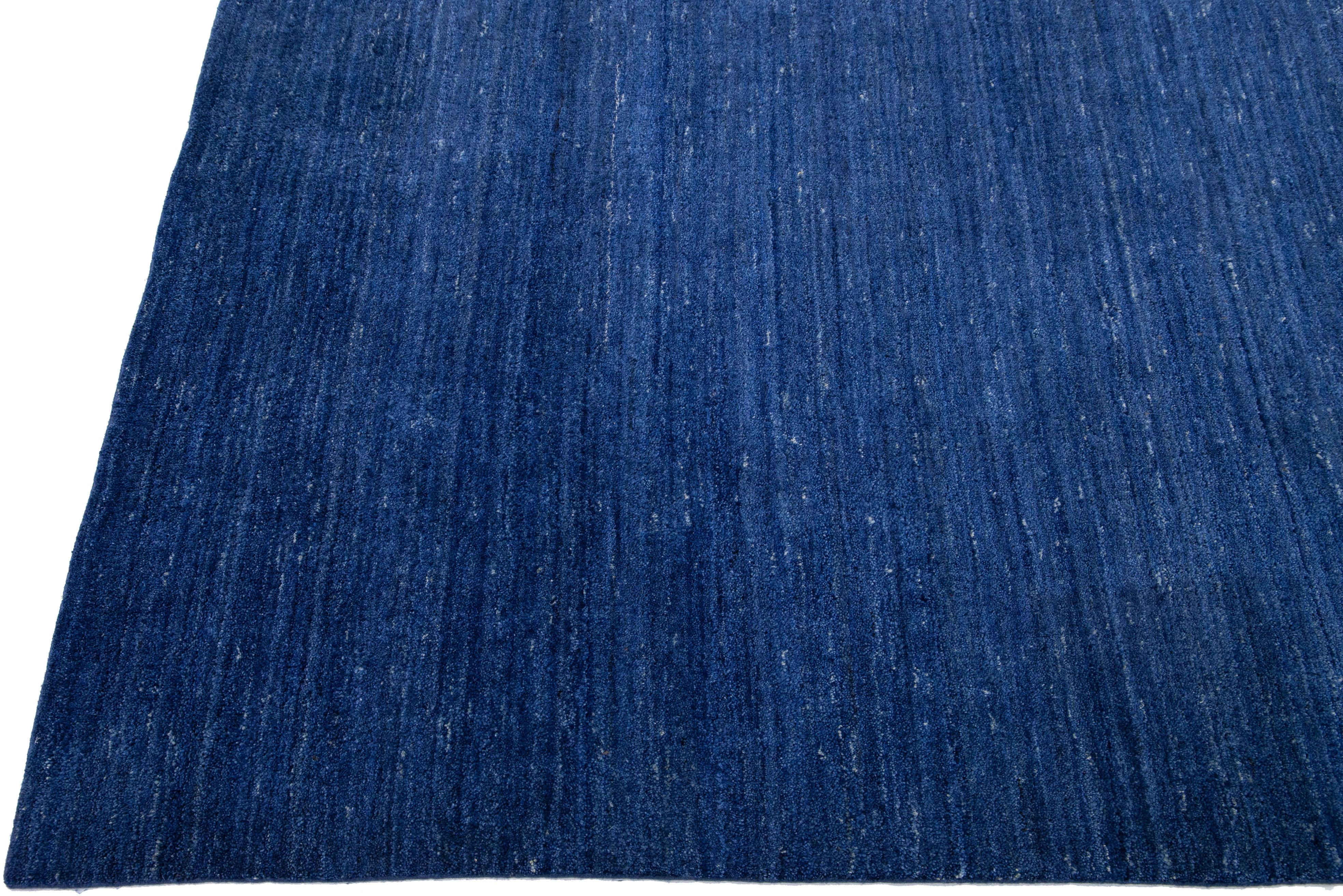Indian Modern Gabbeh Style Handmade Wool Rug with Solid Blue Motif For Sale
