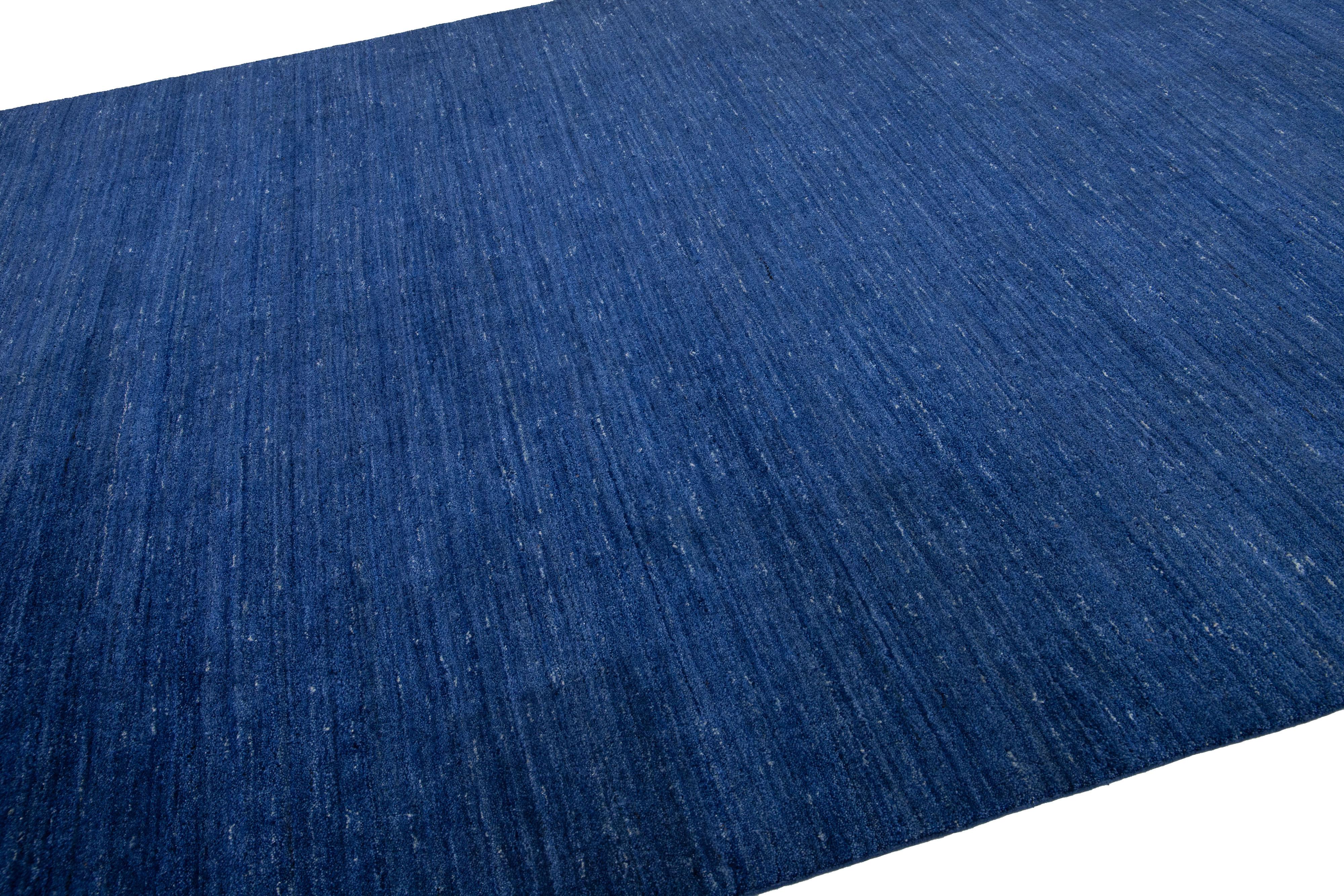 Hand-Knotted Modern Gabbeh Style Handmade Wool Rug with Solid Blue Motif For Sale