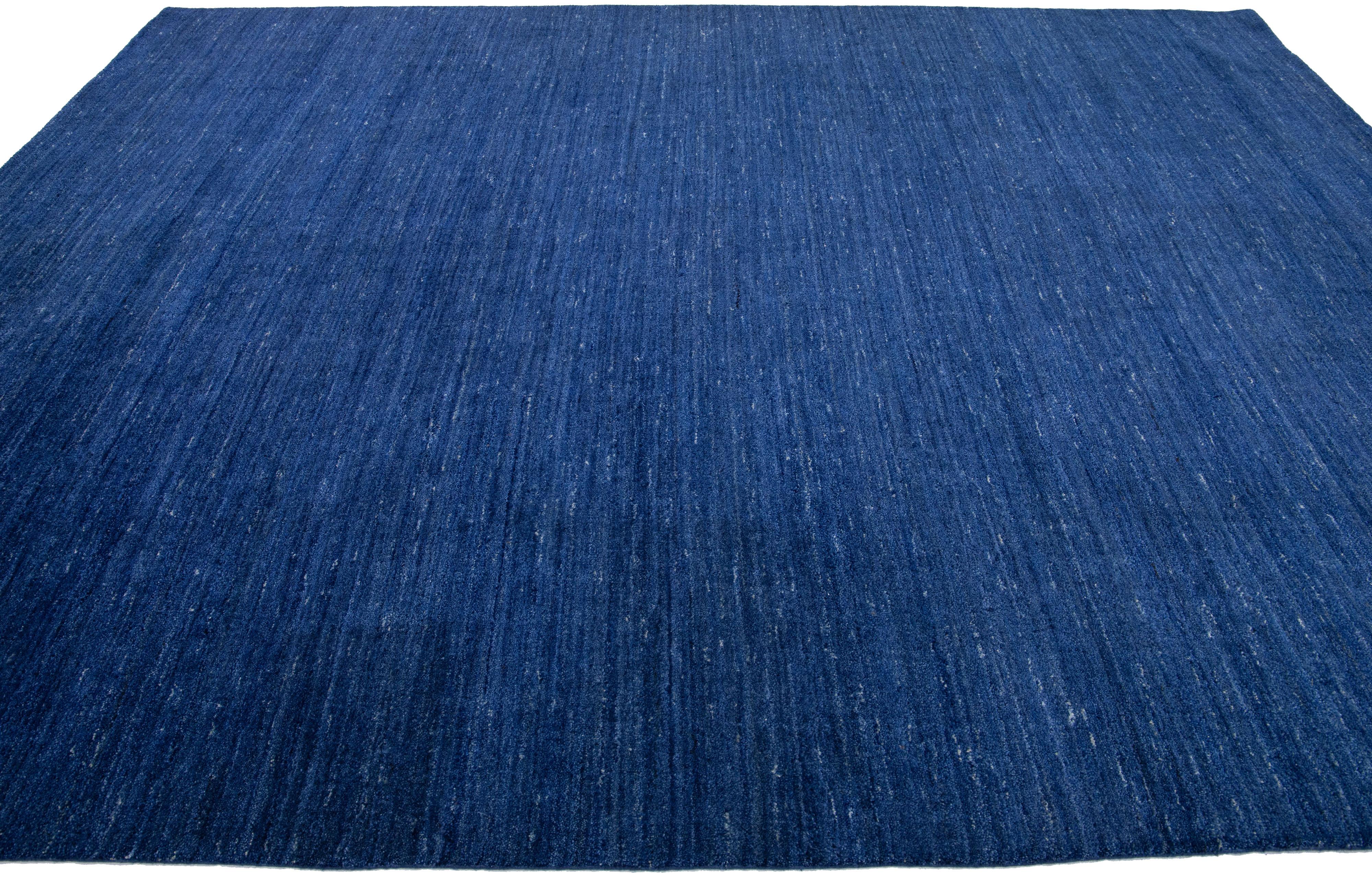 Modern Gabbeh Style Handmade Wool Rug with Solid Blue Motif In New Condition For Sale In Norwalk, CT
