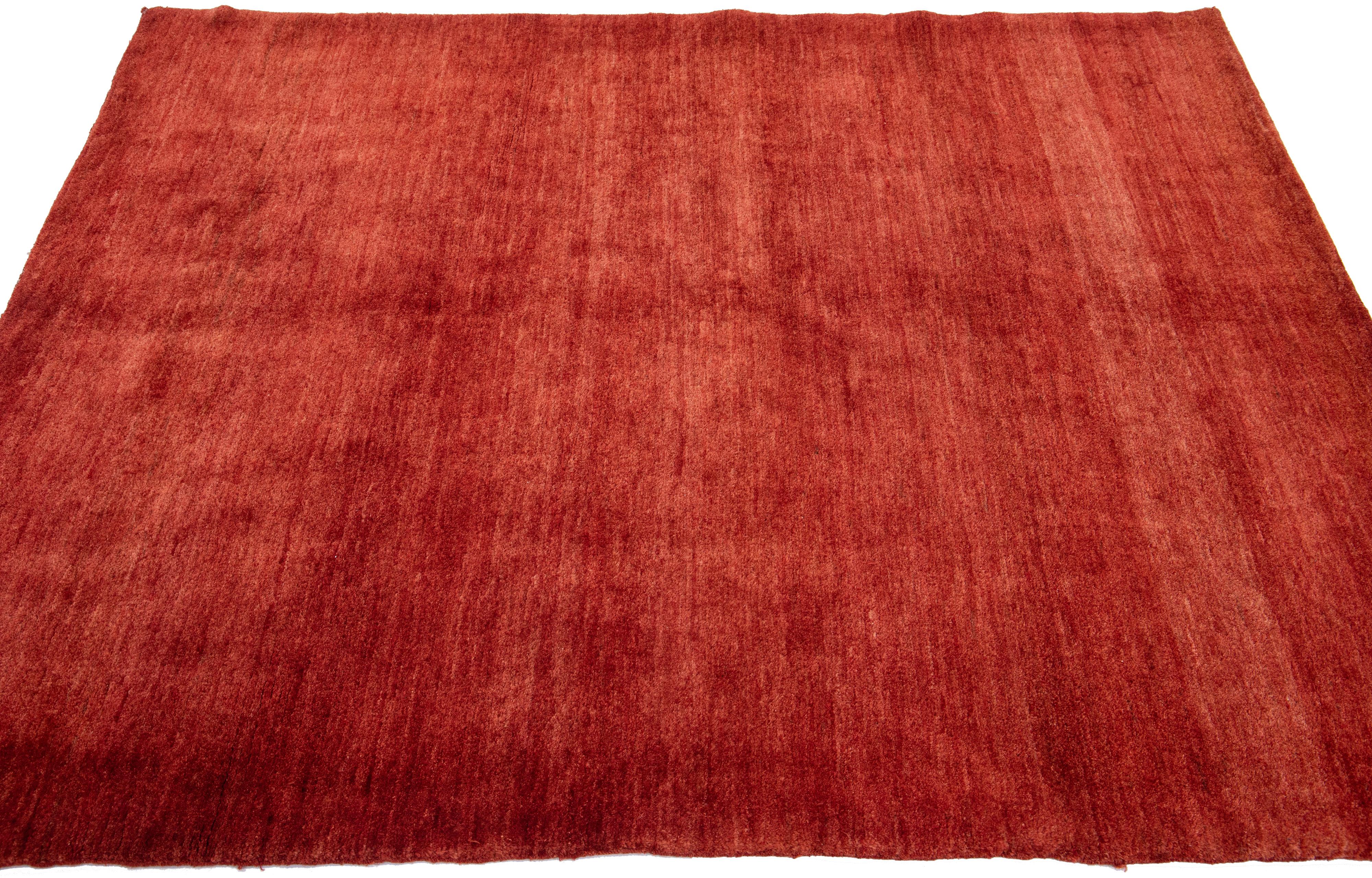 Indian  Modern Gabbeh Style Handmade Wool Rug with Solid Red-Rust Motif For Sale