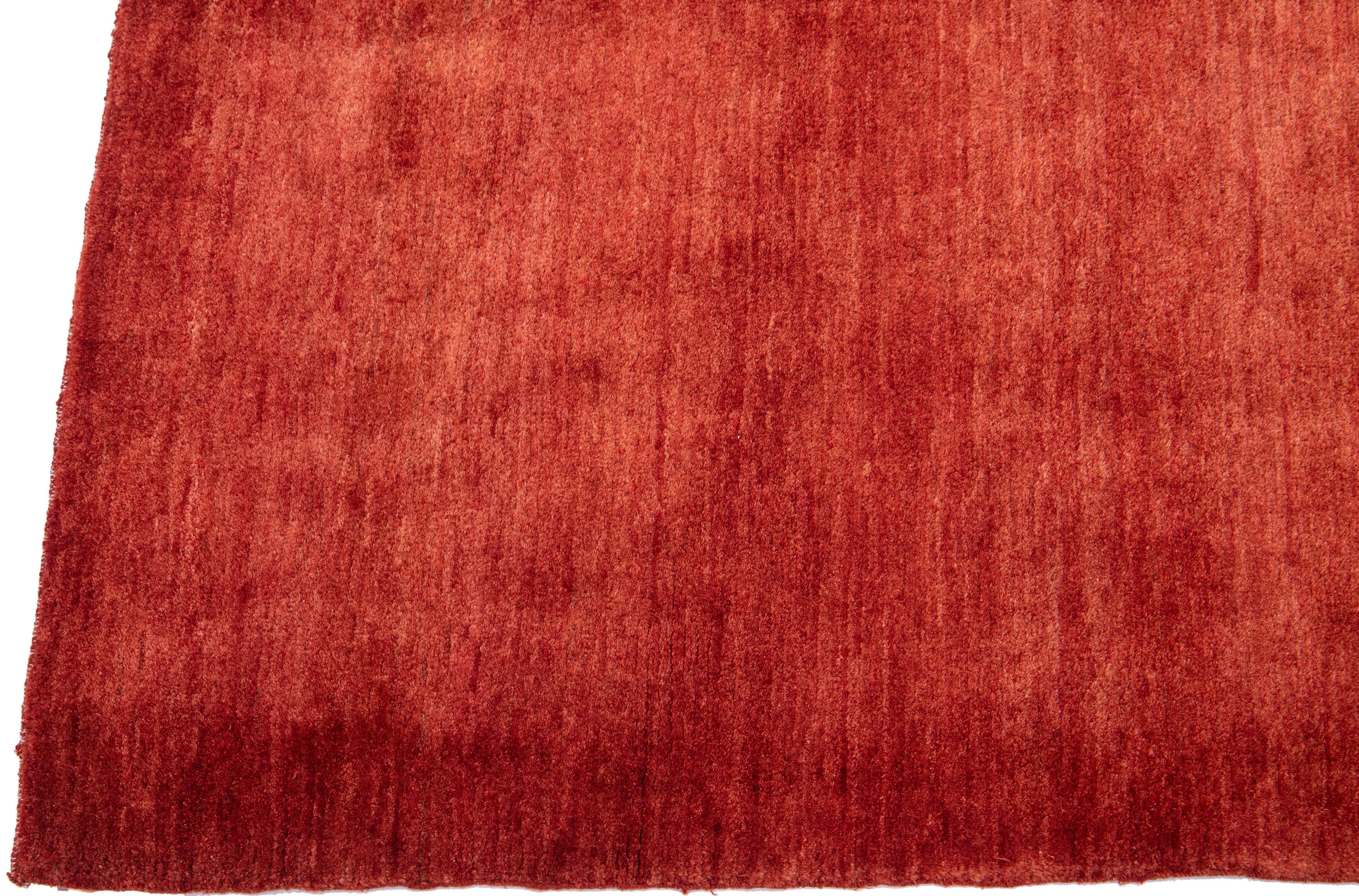 Contemporary  Modern Gabbeh Style Handmade Wool Rug with Solid Red-Rust Motif For Sale