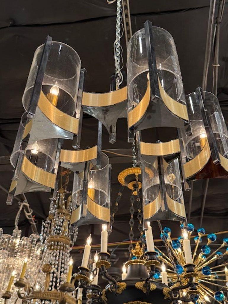 Lustre moderne Gaetano Sciolari en chrome et laiton Bon état - En vente à Dallas, TX