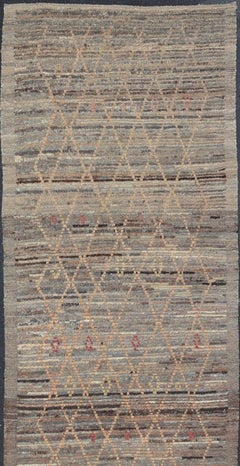 Modern Gallery Long Runner with Tribal Moroccan Design in Gray, Gold, and Red