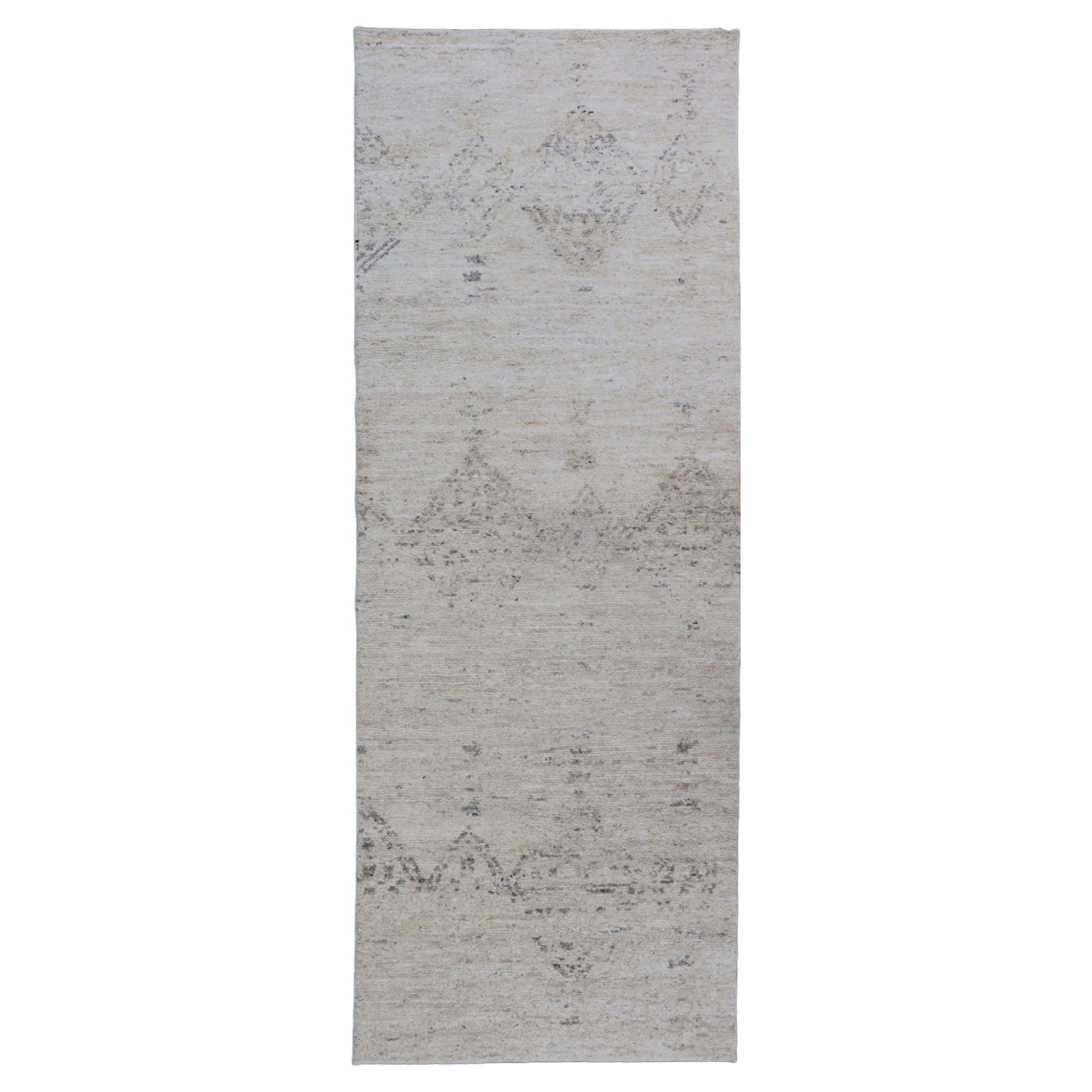 Modern Gallery Runner in Neutrals with Moroccan Styled Design in Gray For Sale
