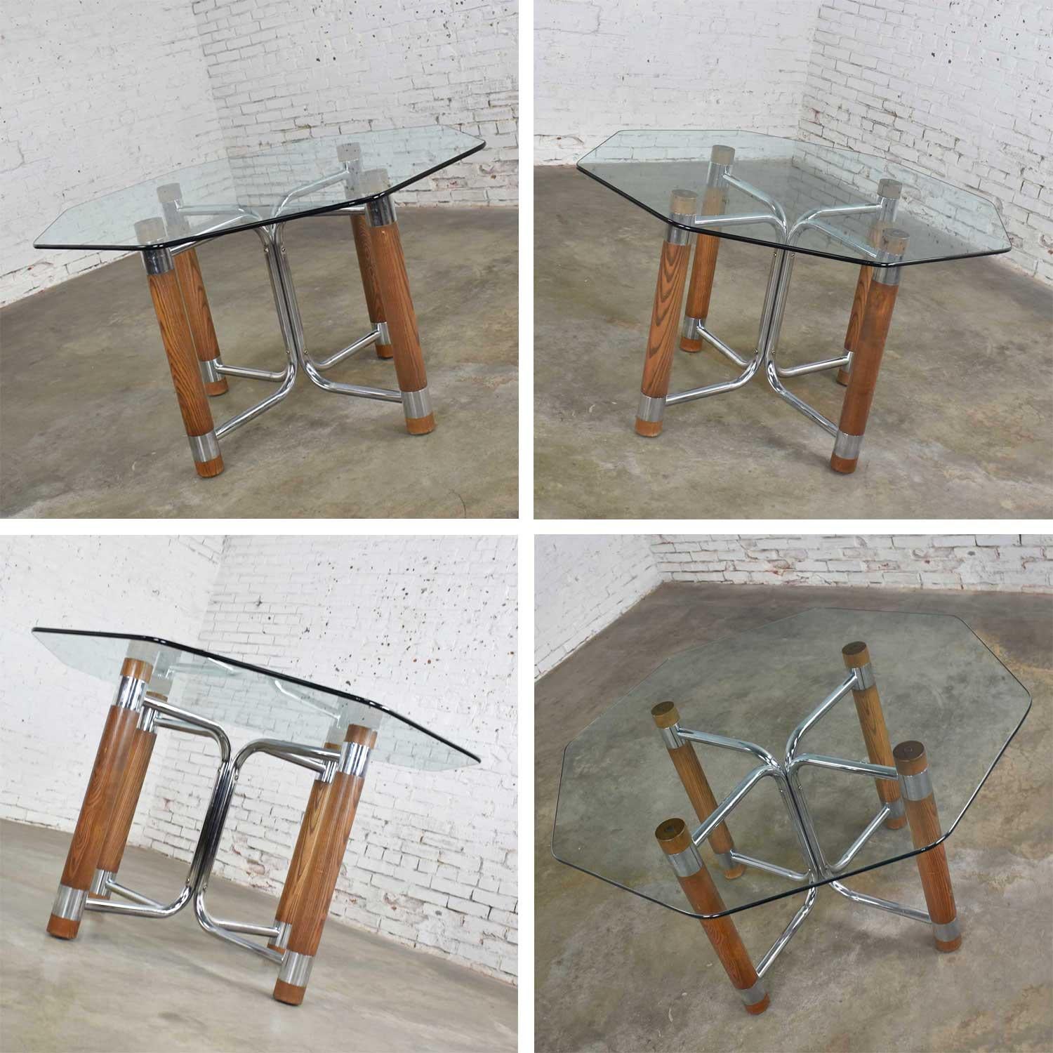 Modern Game Table or Dining Table Glass Chrome Oak with Four White Rolling Chair 5