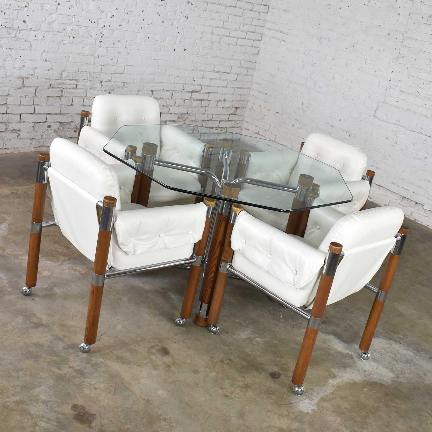 Unknown Modern Game Table or Dining Table Glass Chrome Oak with Four White Rolling Chair