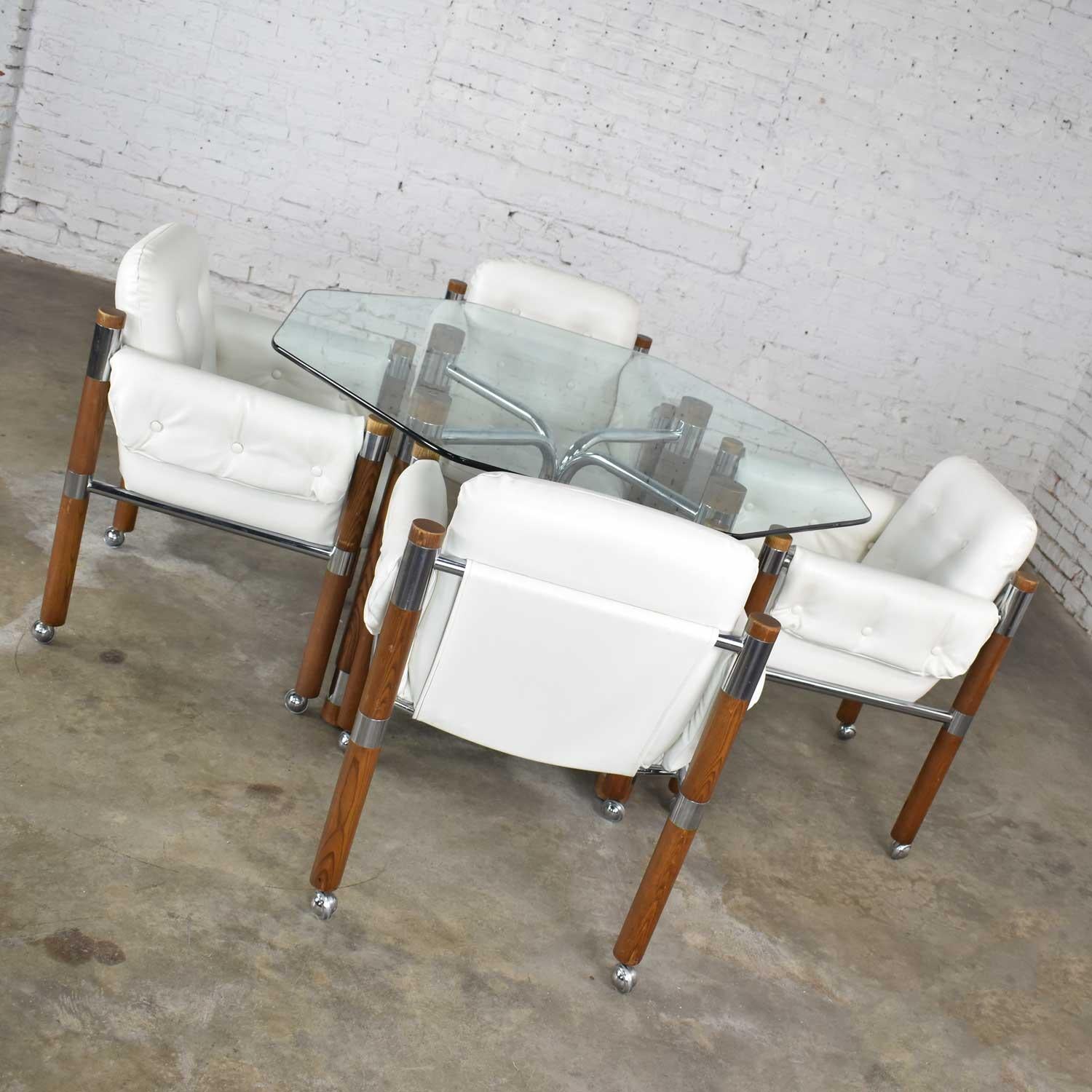 Modern Game Table or Dining Table Glass Chrome Oak with Four White Rolling Chair In Good Condition In Topeka, KS