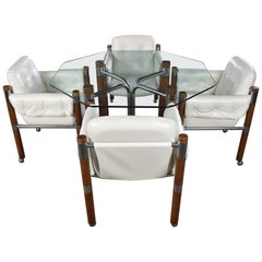 Modern Game Table or Dining Table Glass Chrome Oak with Four White Rolling Chair