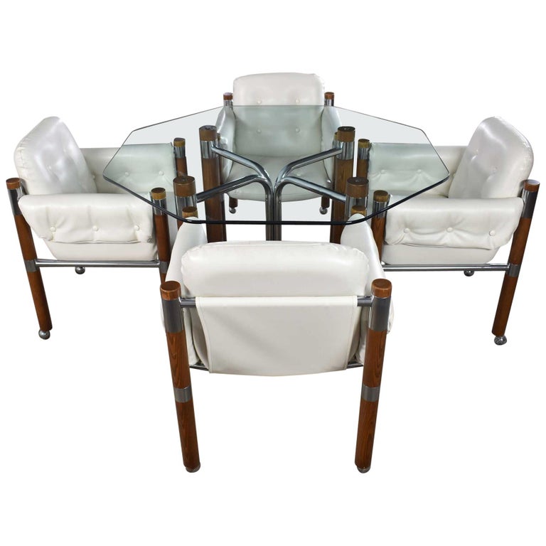 Modern Game Table or Dining Table Glass Chrome Oak with Four White