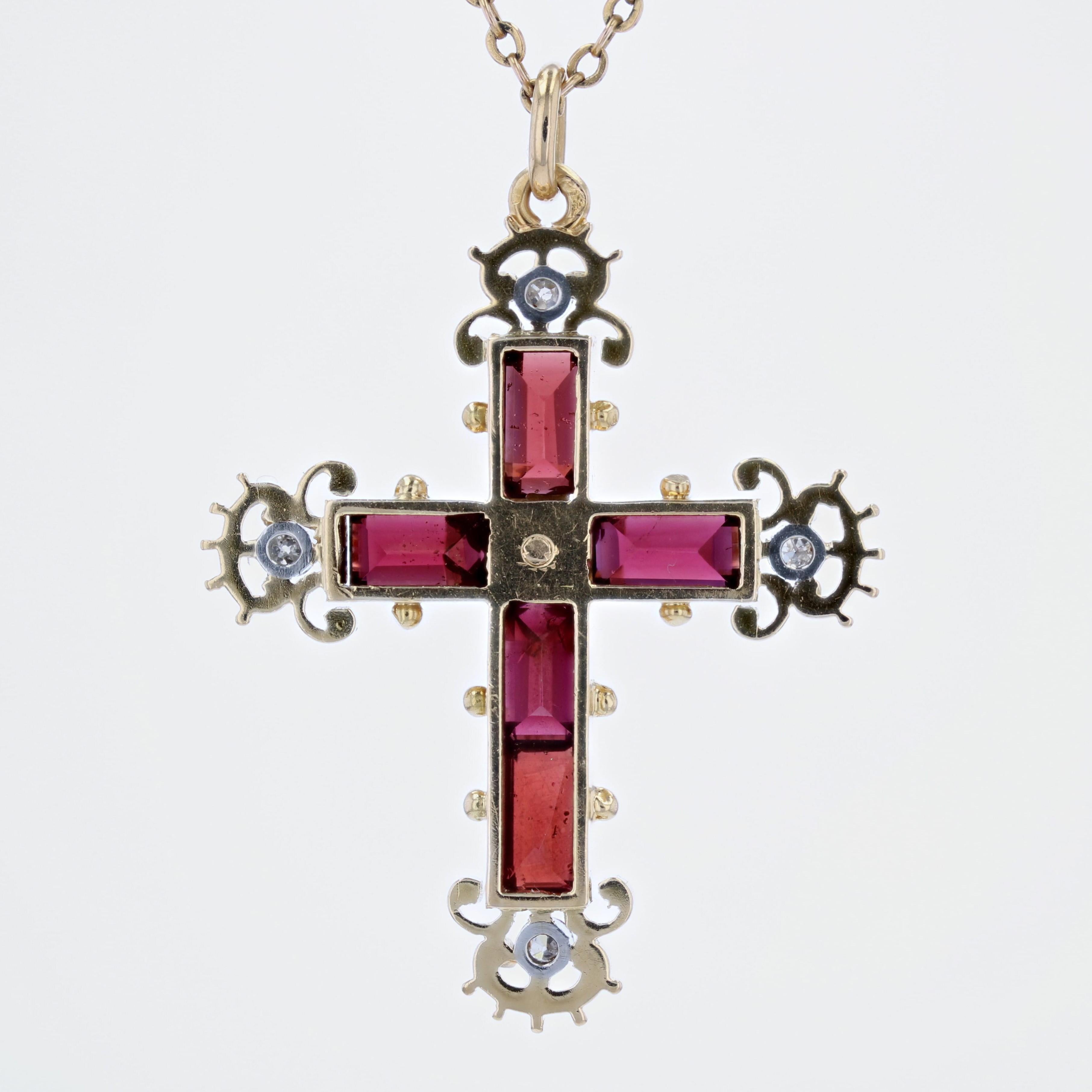 Pendentif croix moderne en or jaune 18 carats avec grenats et diamants 2