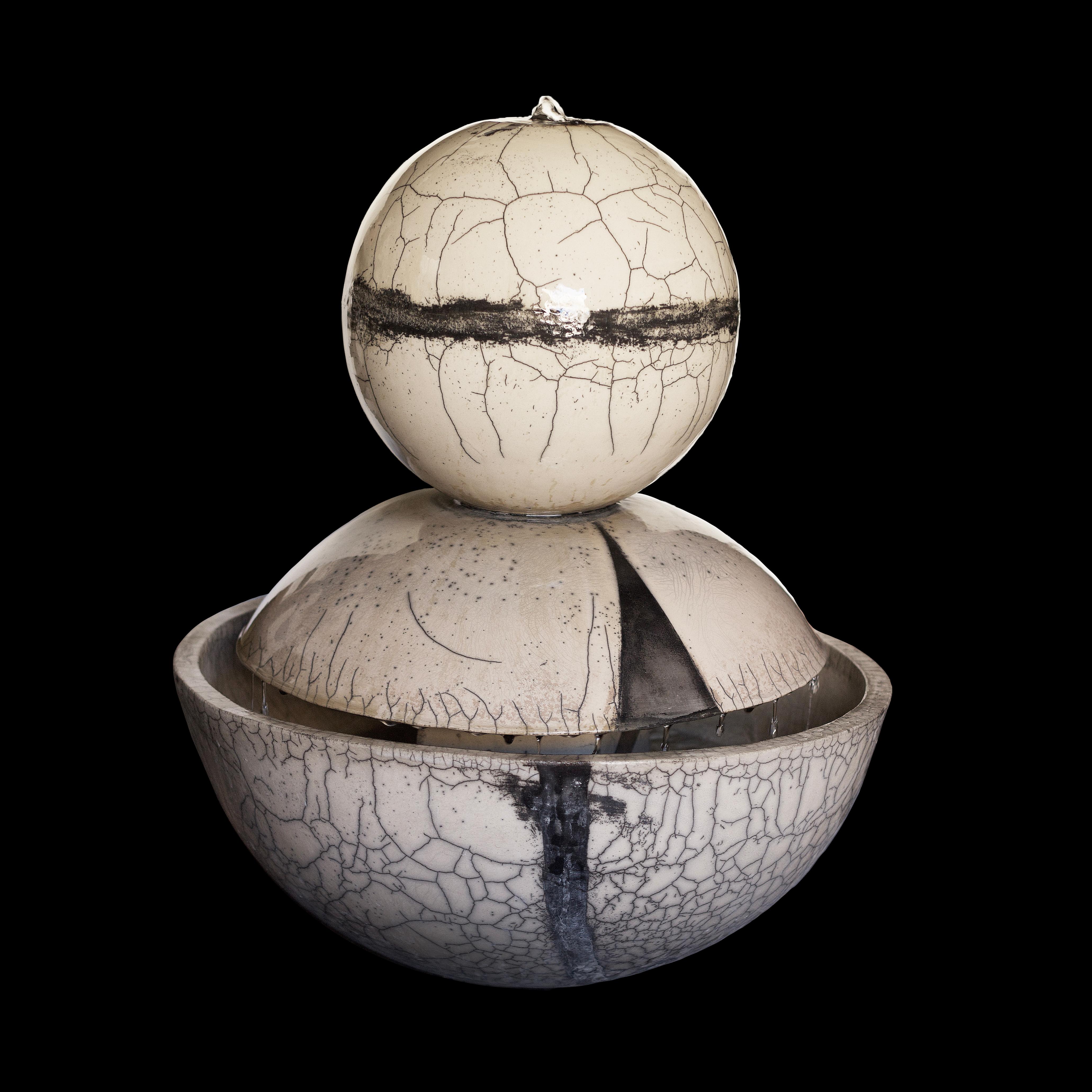 Contemporary Modern Genesi Globe Ceramic Fountain Black White Crackle For Sale