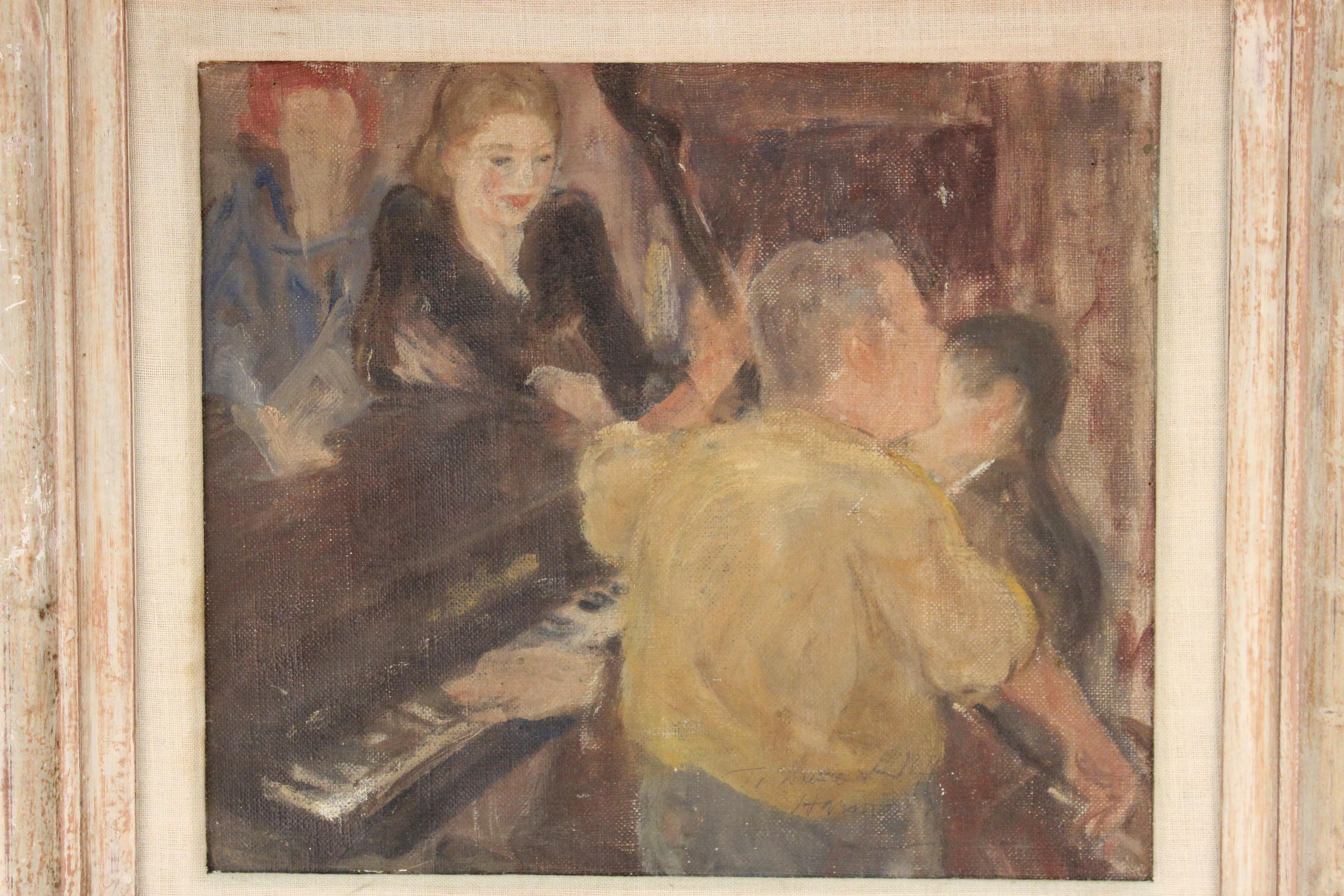 Modern genre framed oil on canvas painting of a jazz singer with musicians at a piano and an upright bass player. The piece is inscribed 'To Susie' and signed illegibly (Harmon N..?) in graphite on the lower right corner. In good vintage condition.