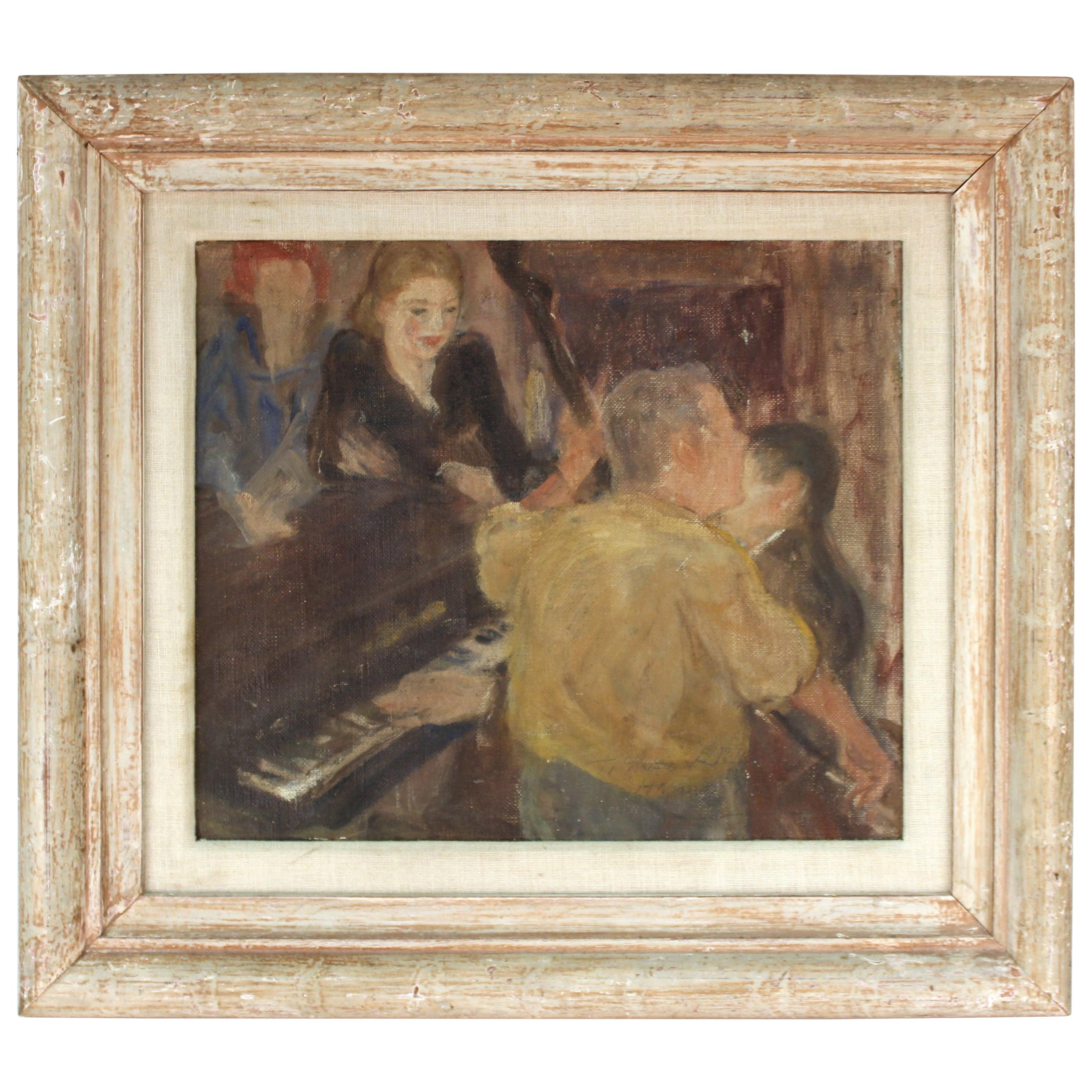Modern Genre Oil on Canvas Painting of a Jazz Singer with Pianist