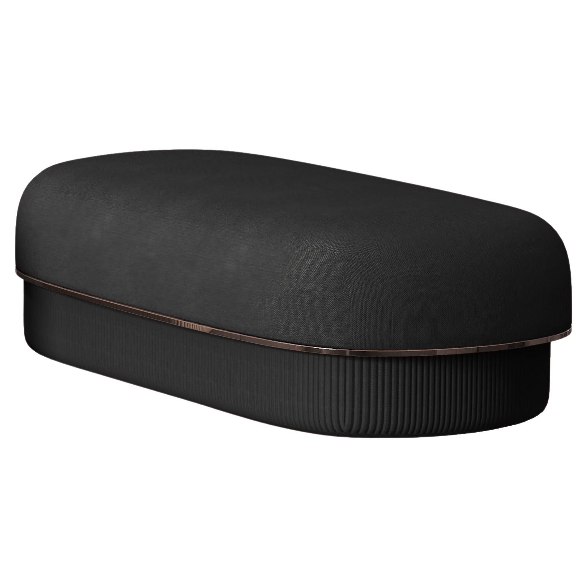 Modern Gentle Big Pouf in Black Fabric and Bronze Metal For Sale