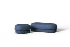 Modern Gentle Big Pouf in Blue Fabric and Bronze Metal