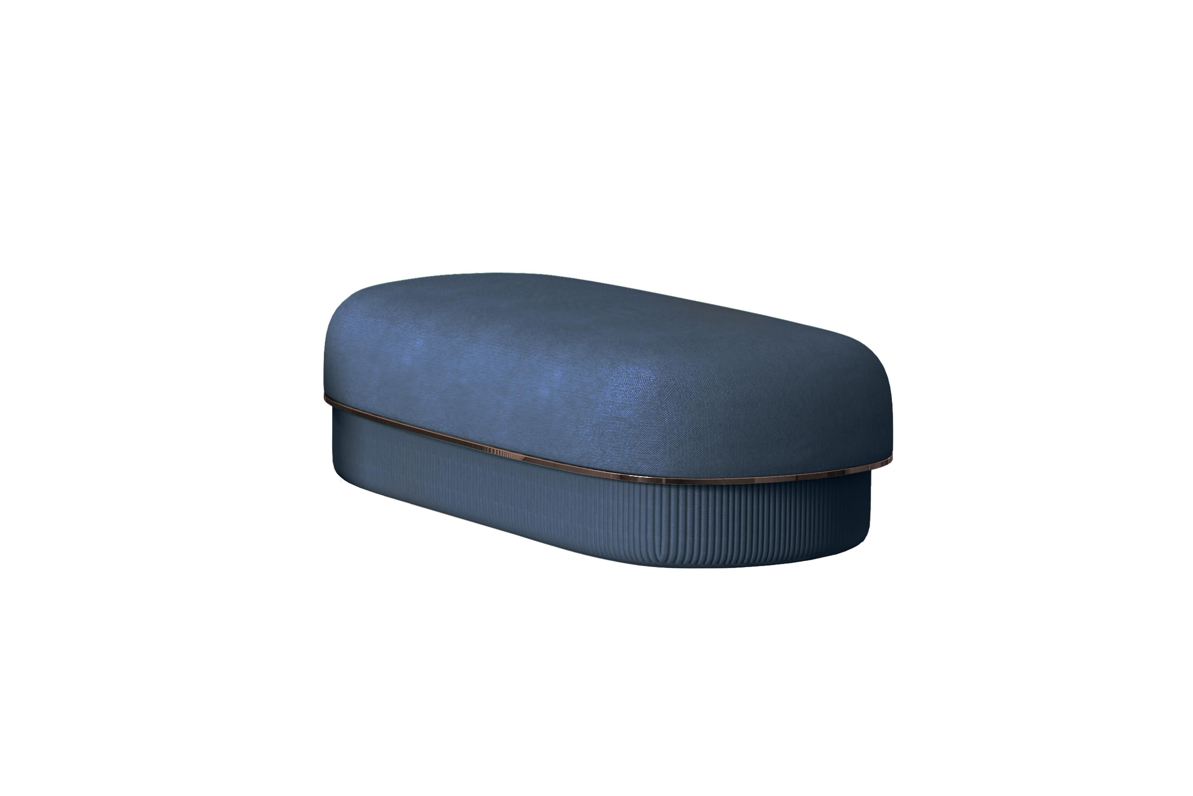 Modern Gentle Big Pouf in Blue Fabric and Bronze Metal