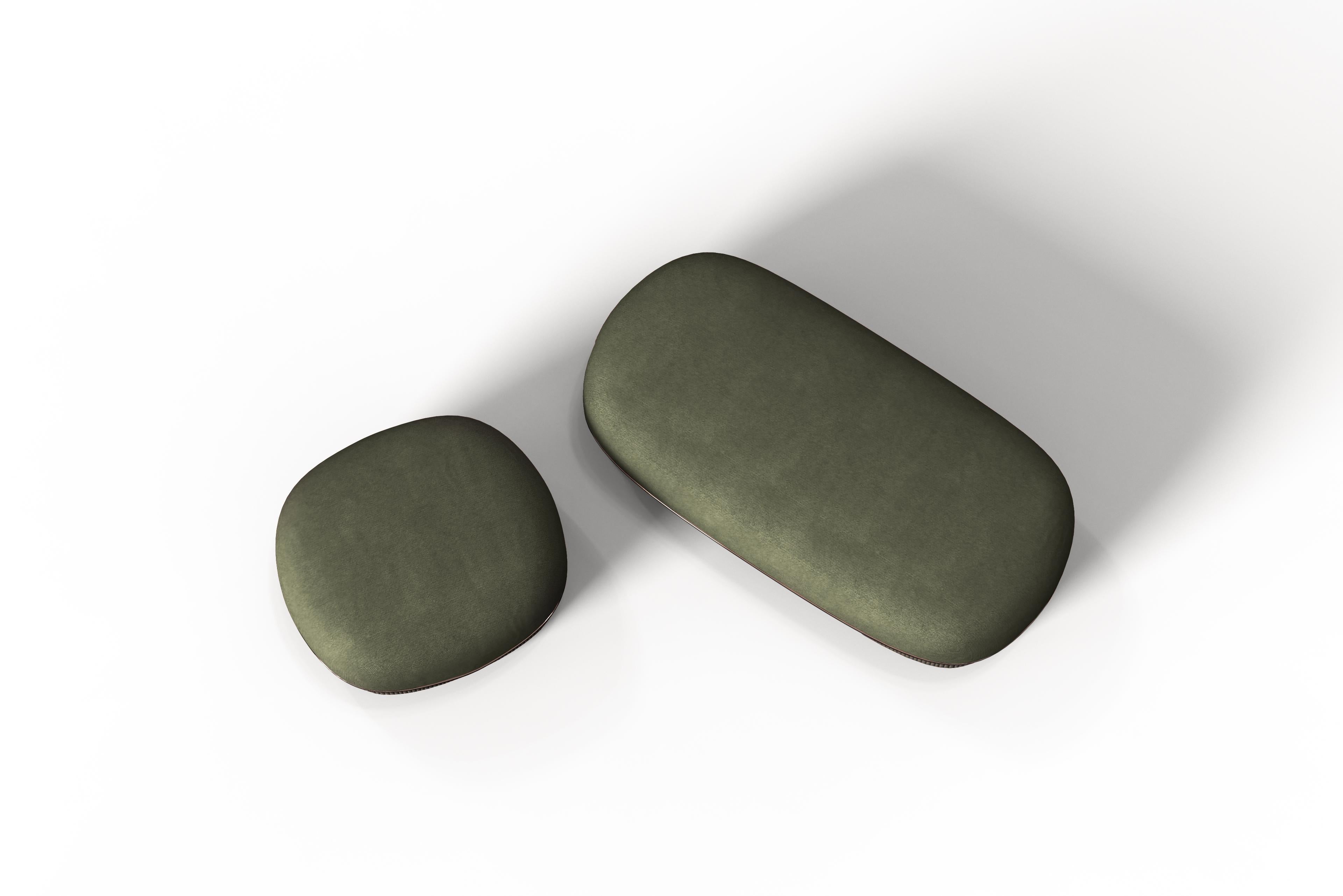 Other Modern Gentle Big Pouf in Green Fabric and Bronze Metal For Sale