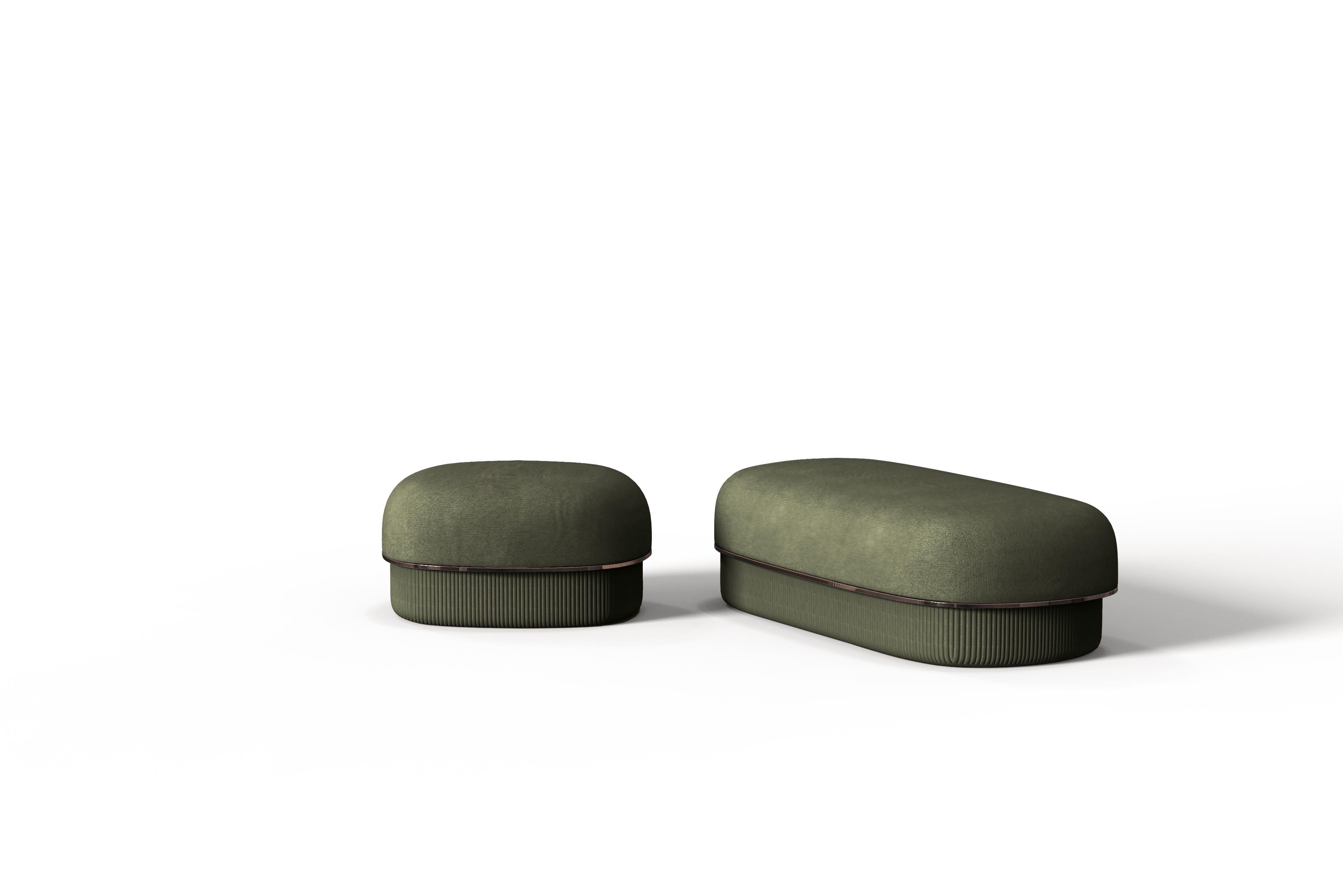Portuguese Modern Gentle Big Pouf in Green Fabric and Bronze Metal For Sale