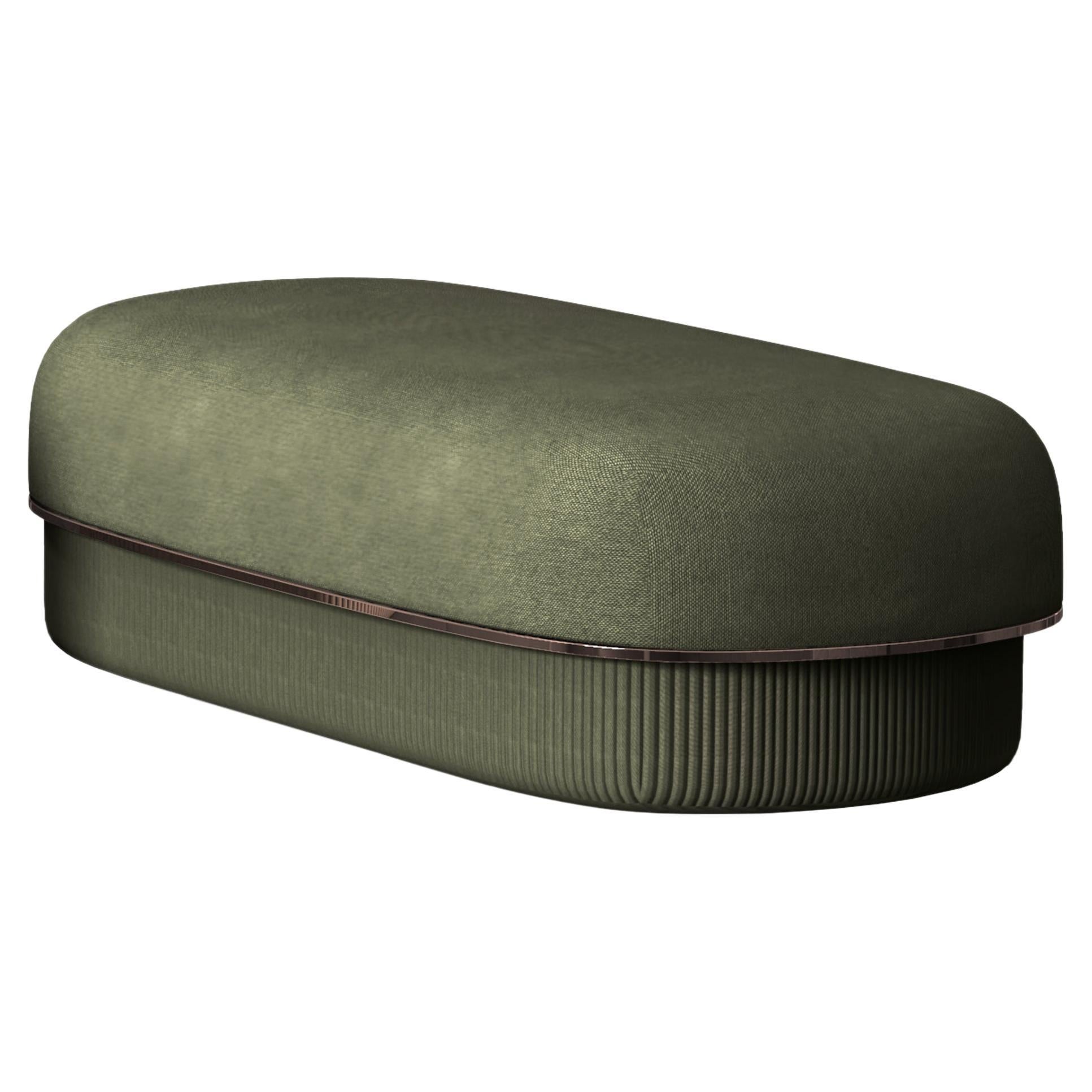 Modern Gentle Big Pouf in Green Fabric and Bronze Metal For Sale