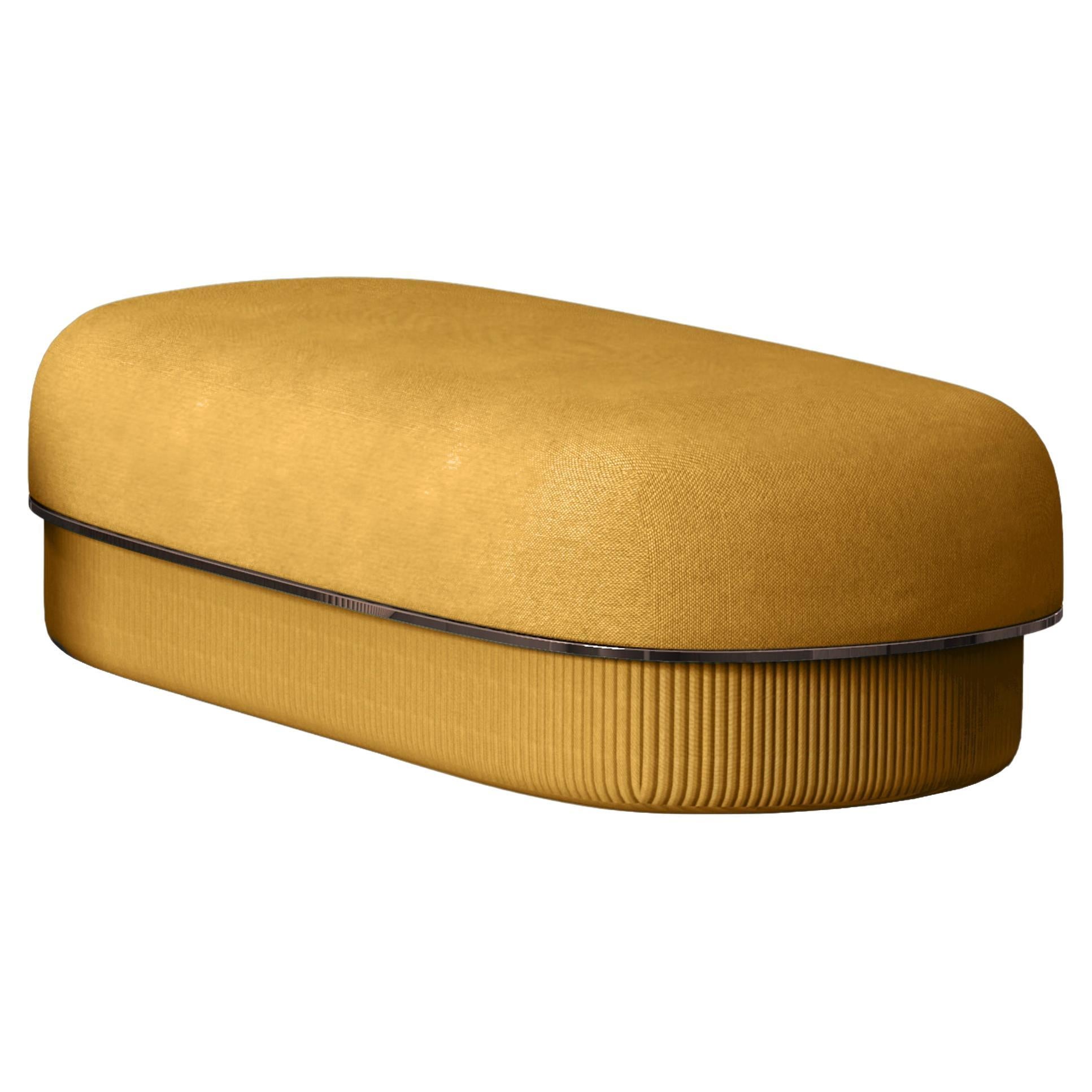 Modern Gentle Big Pouf in Mustard Fabric and Bronze Metal For Sale