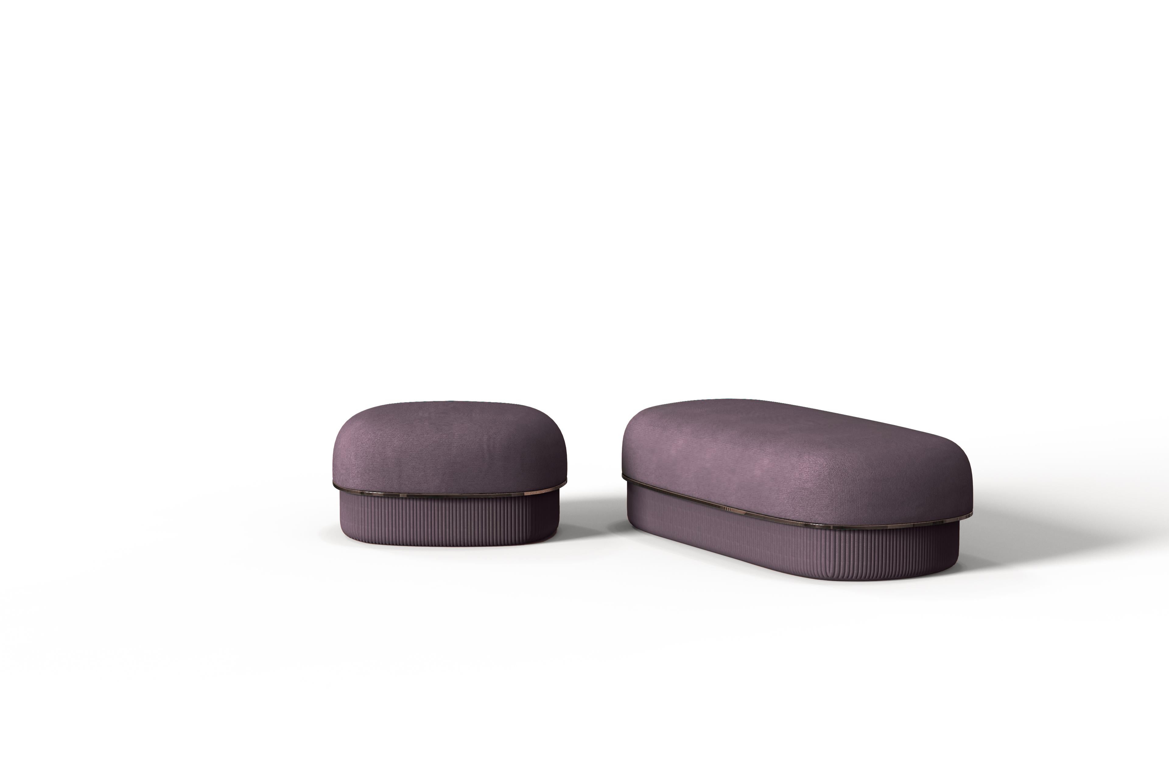 Portuguese Modern Gentle Big Pouf in Purple Fabric and Bronze Metal For Sale