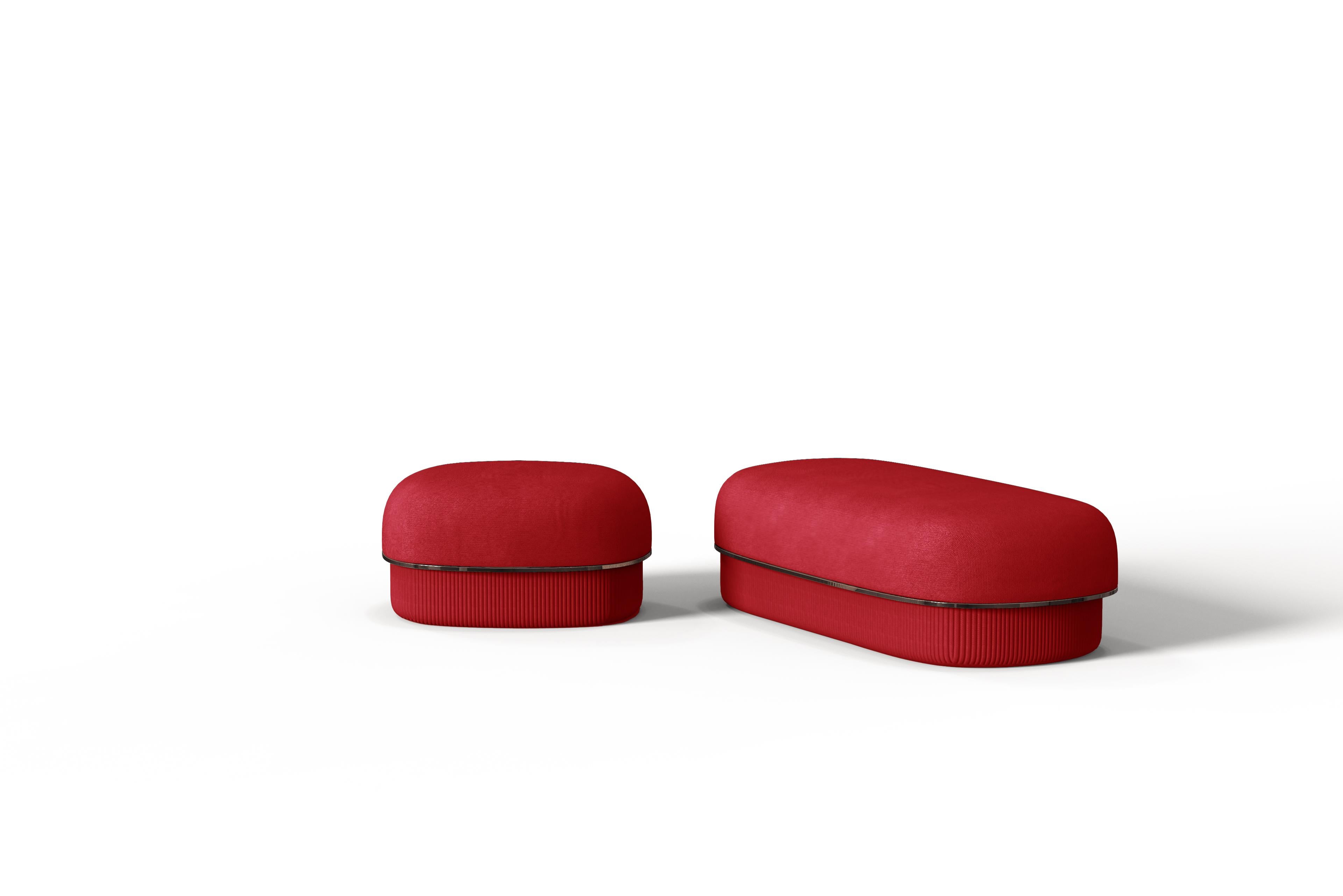 Portuguese Modern Gentle Big Pouf in Red Fabric and Bronze Metal For Sale