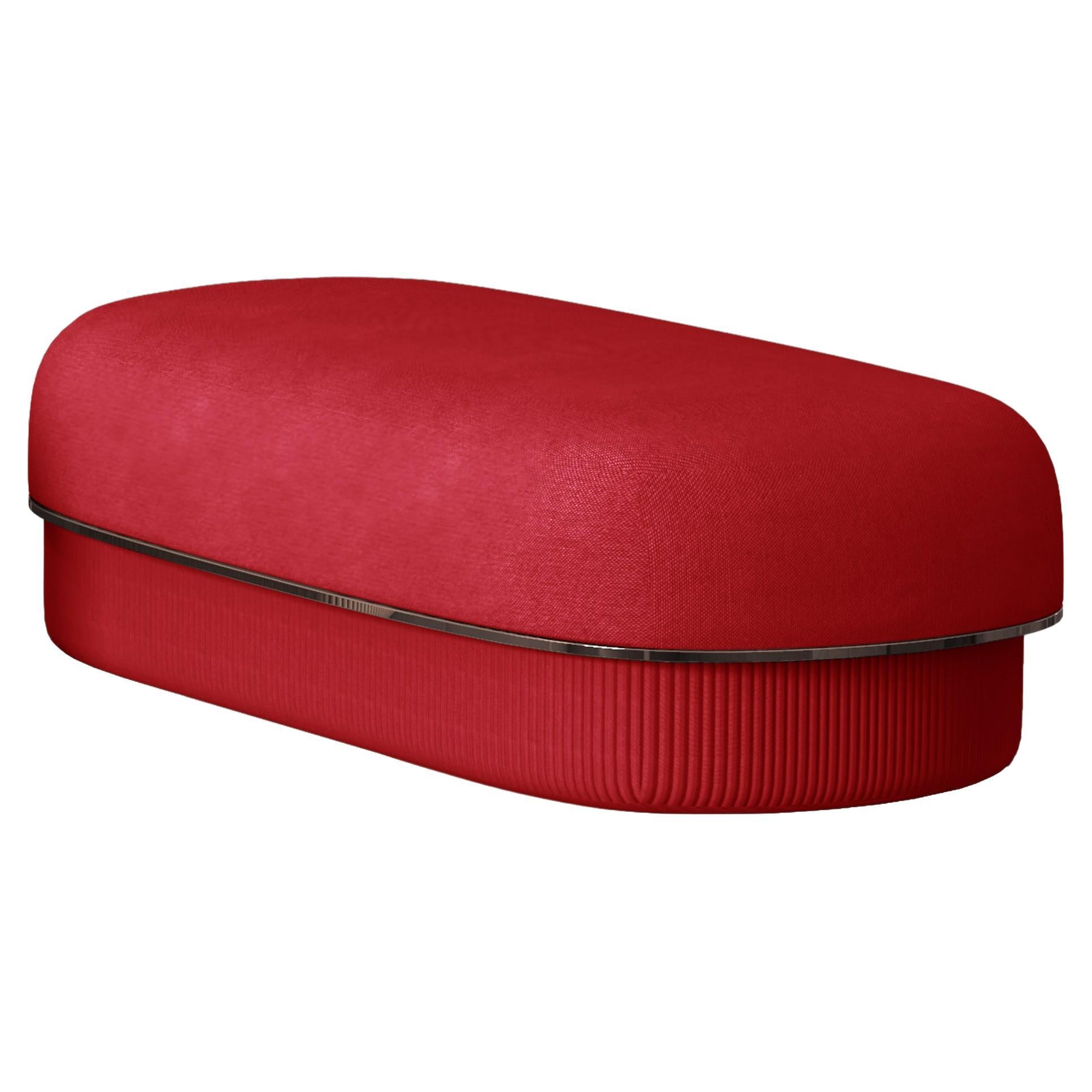Modern Gentle Big Pouf in Red Fabric and Bronze Metal For Sale