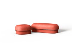 Modern Gentle Big Pouf in Salmon Fabric and Bronze Metal