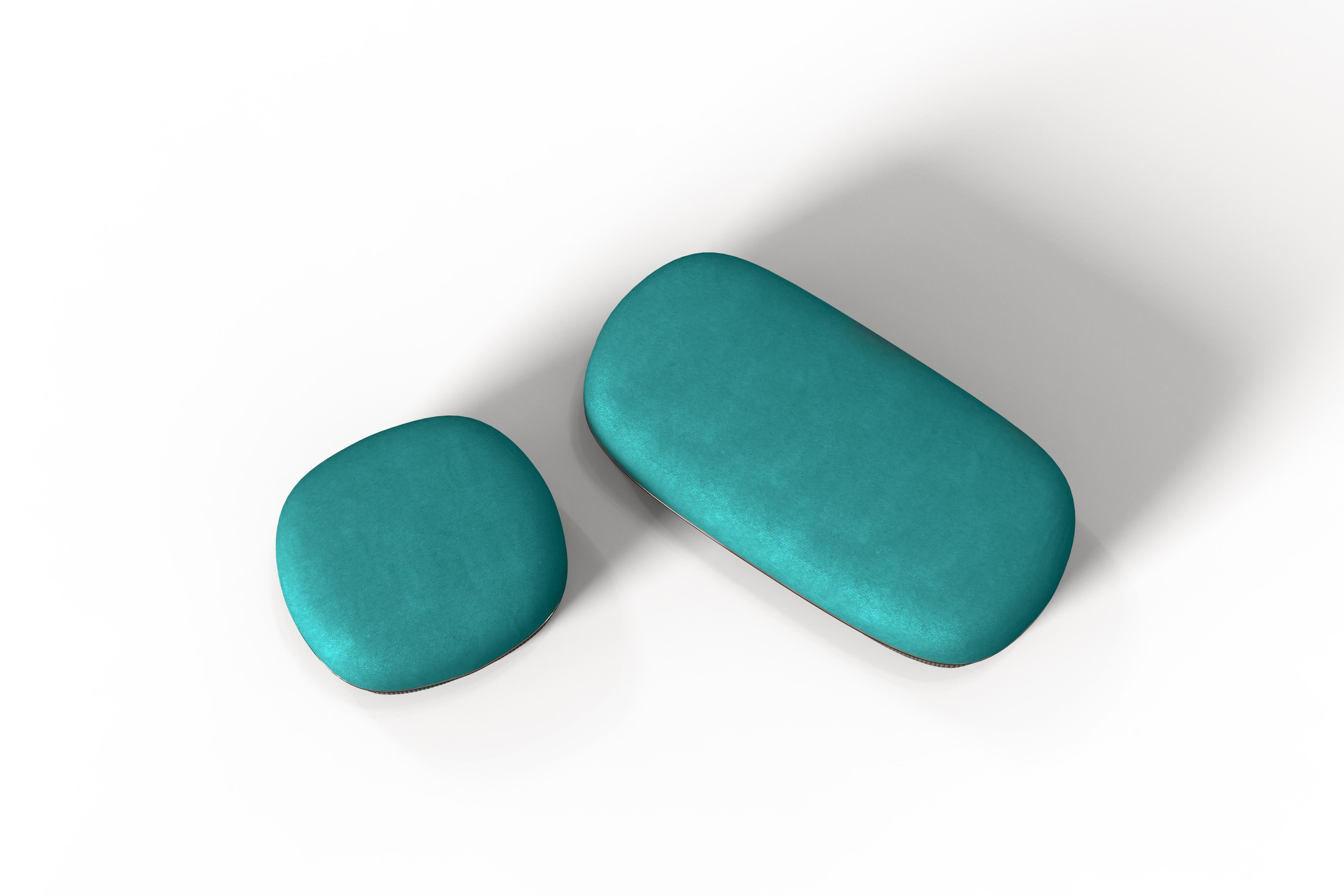 Other Modern Gentle Big Pouf in Teal Fabric and Bronze Metal For Sale