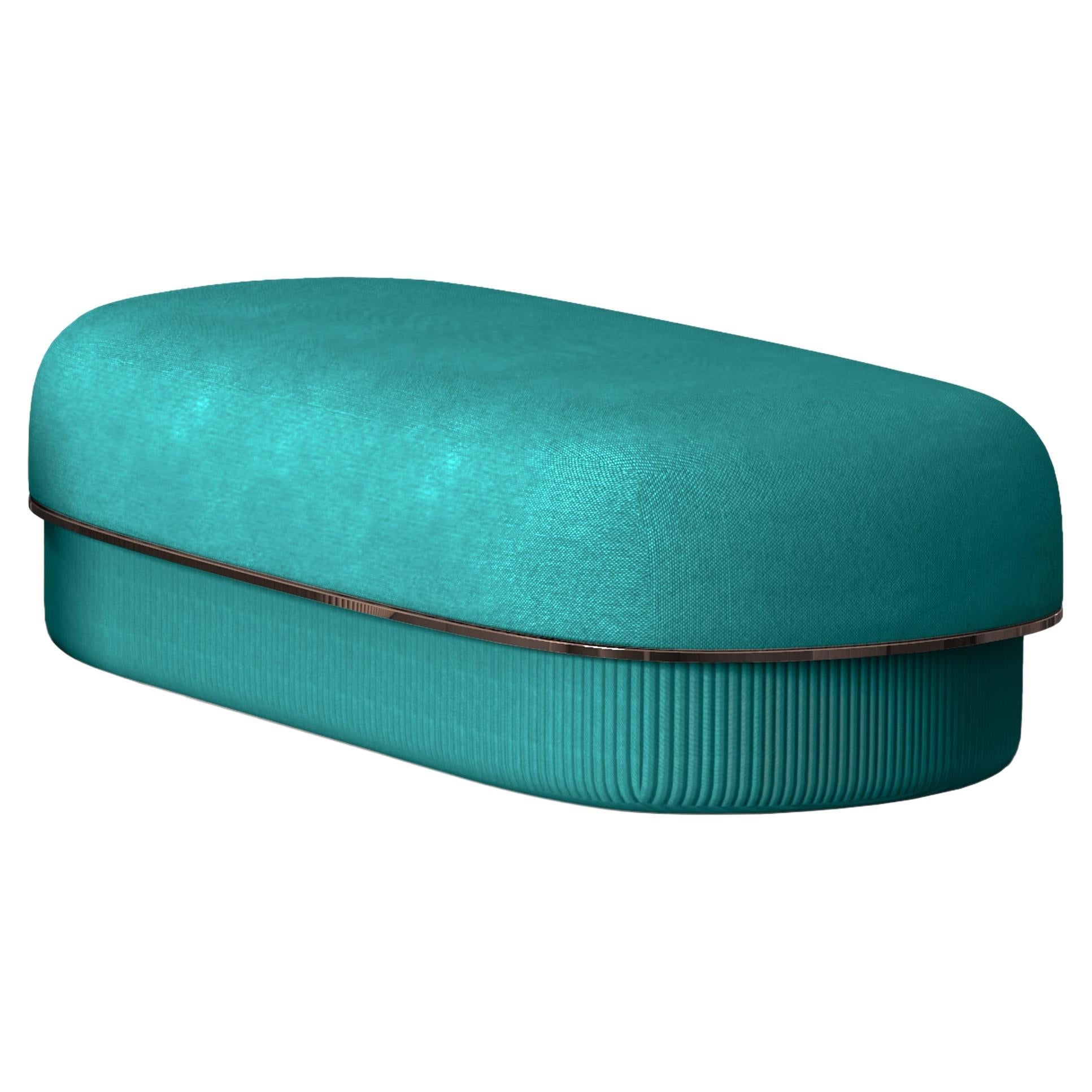 Modern Gentle Big Pouf in Teal Fabric and Bronze Metal For Sale