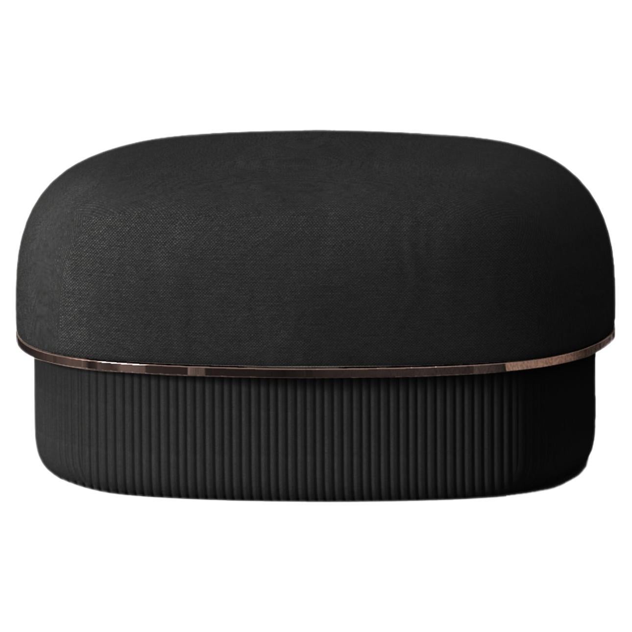 Modern Gentle Small Pouf in Black Fabric and Bronze Metal
