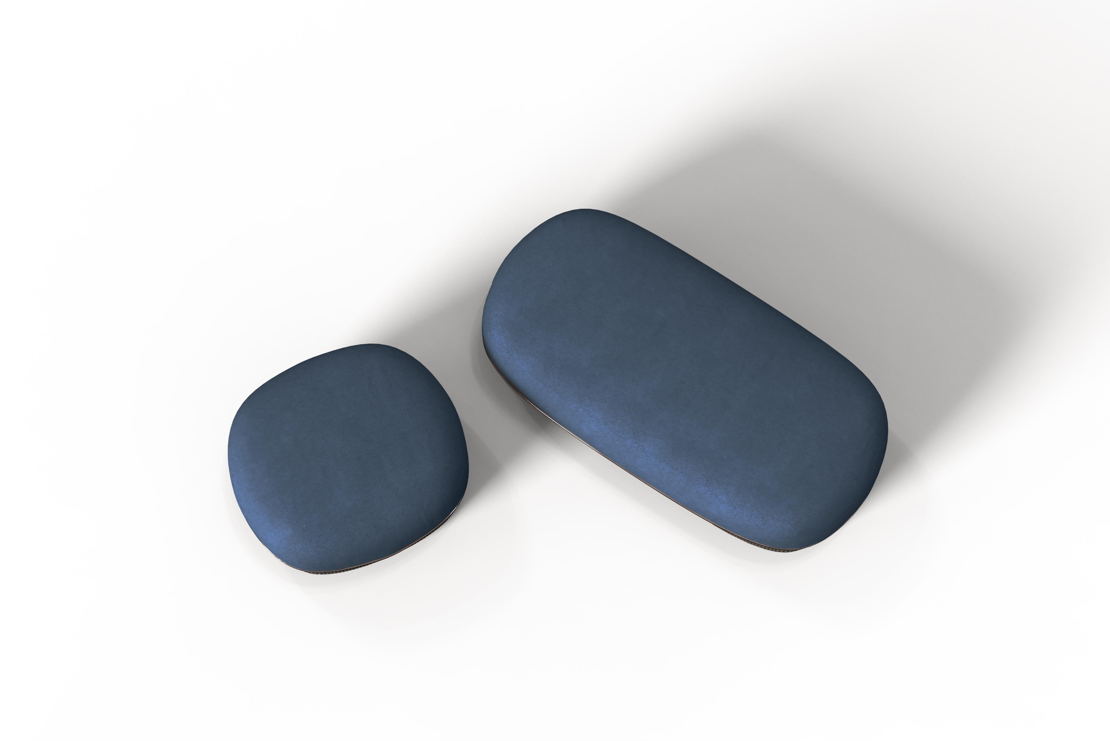 Other Modern Gentle Small Pouf in Blue Fabric and Bronze Metal For Sale