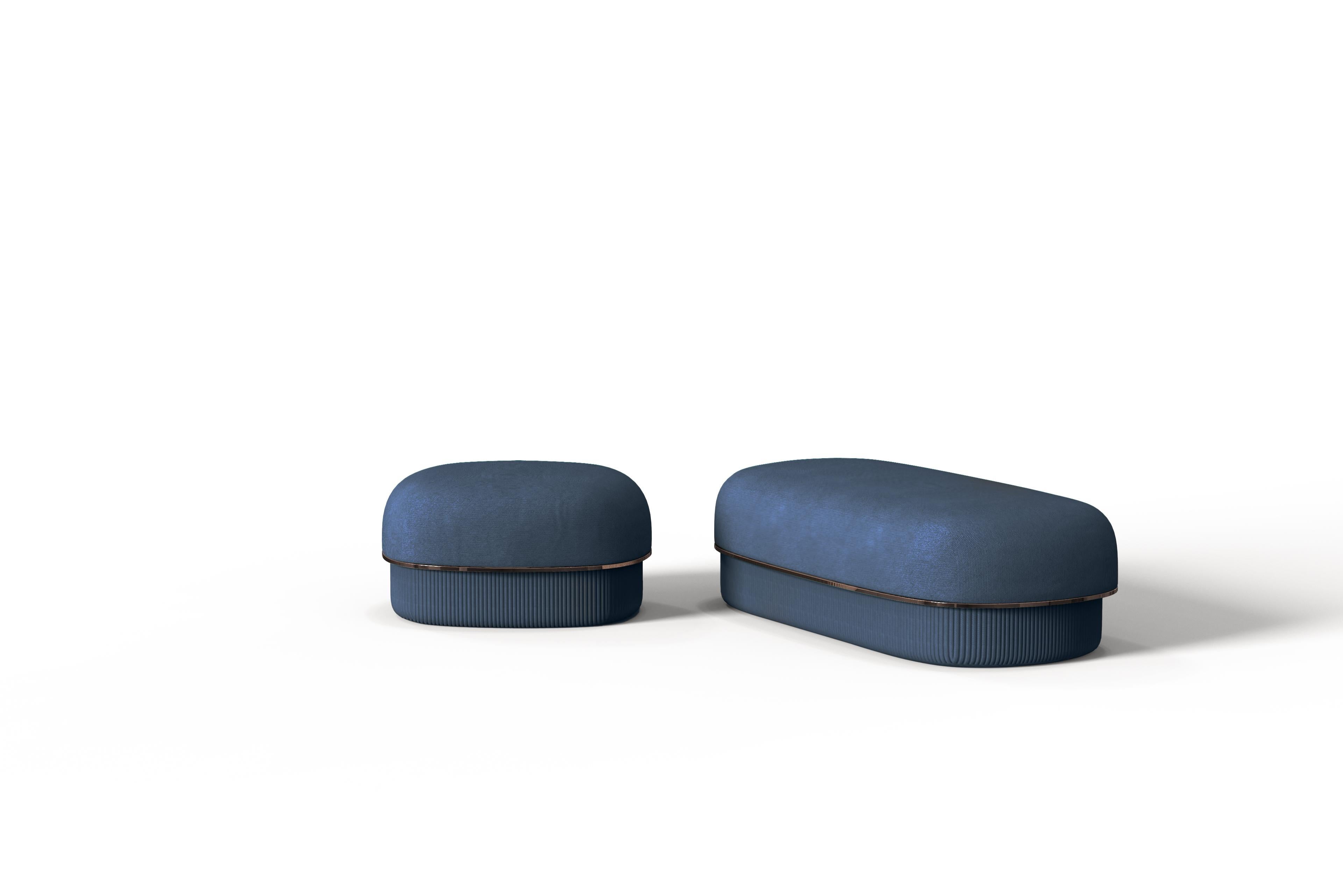 Other Modern Gentle Small Pouf in Blue Fabric and Bronze Metal For Sale